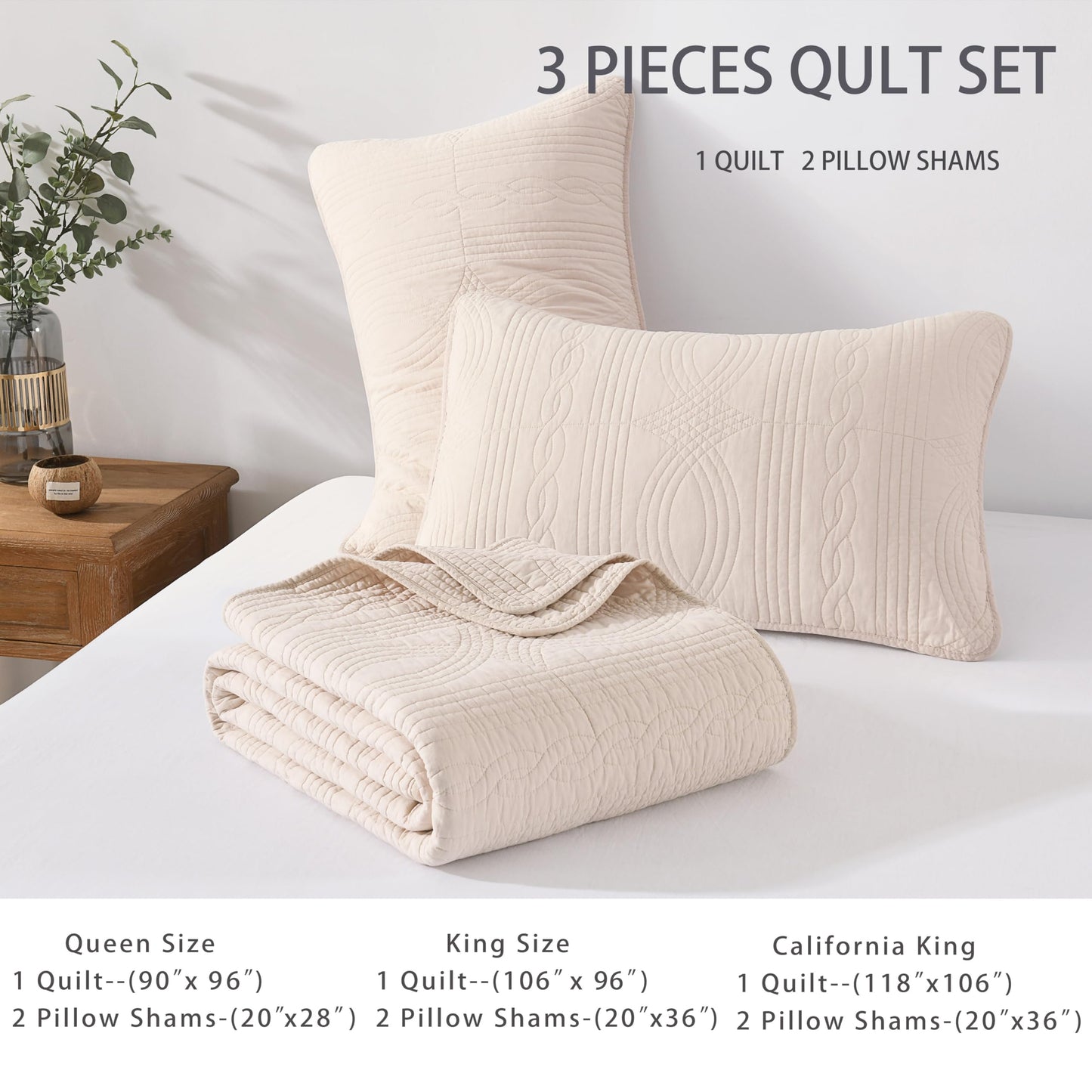 Homzard Quilts Queen Size Bedding Set, 100% Cotton Beige Queen Size Comforter Set,Wave Pattern Bedspread Set,Solid Modern Bedding Coverlet 3 Piece Bed Set, All Season