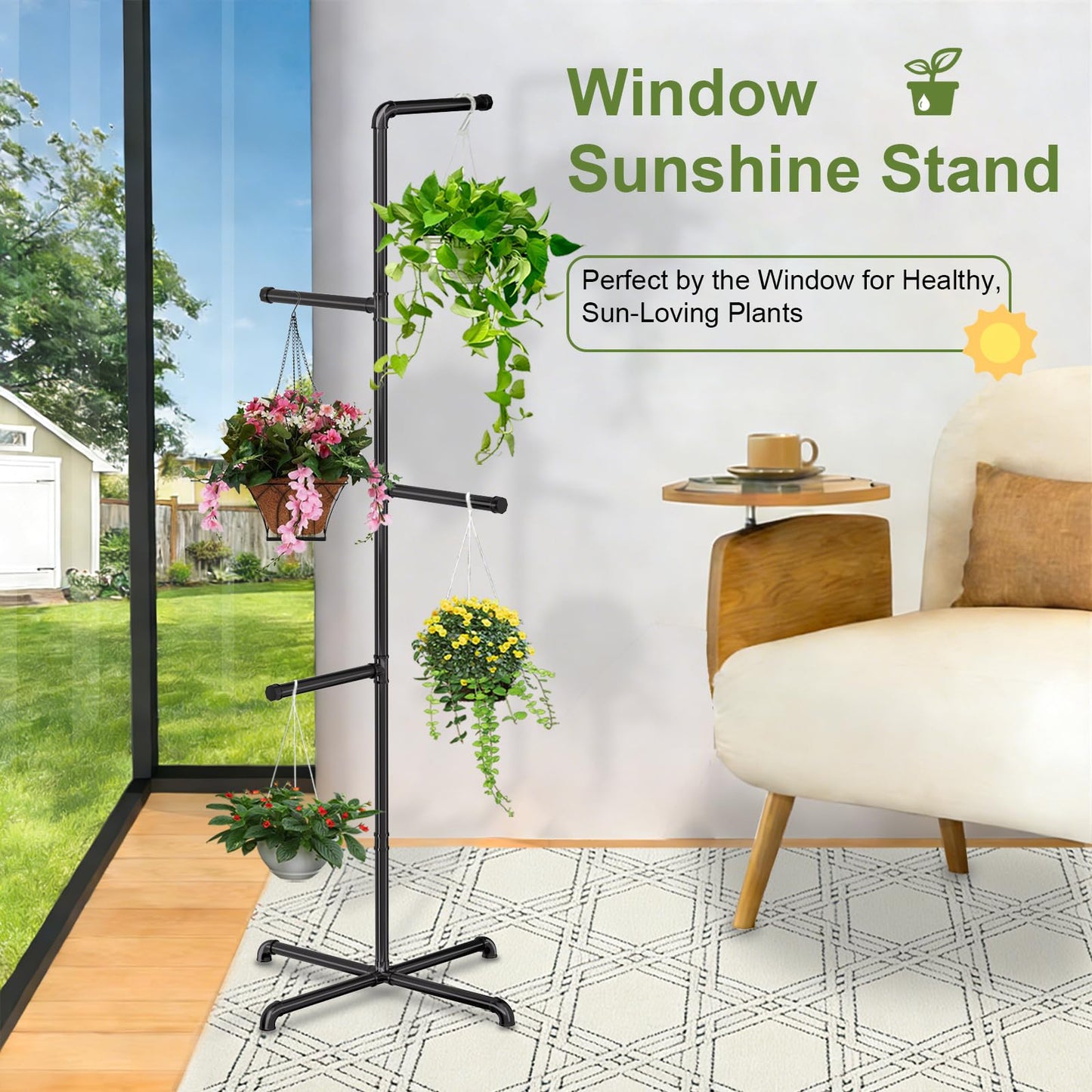 Chloraeon Hanging Plant Stand, Plant Hanger Indoor, Corner Hanging Plant Stand, Black Metal Holder for Bedroom, Living Room, Garden, Balcony (large)