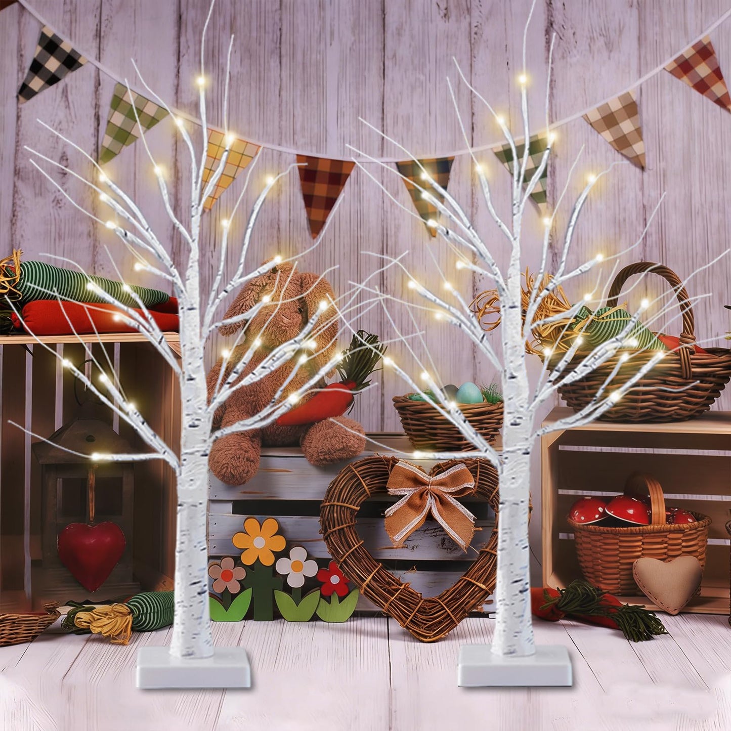2-Pack 2FT Lighted Birch Tree with Timer for Easter Decorations Indoor, Artificial Birch Tree with 48 LED Warm White Lights, Fairy Light Tabletop Centerpiece Tree for Christmas Winter Deocrations