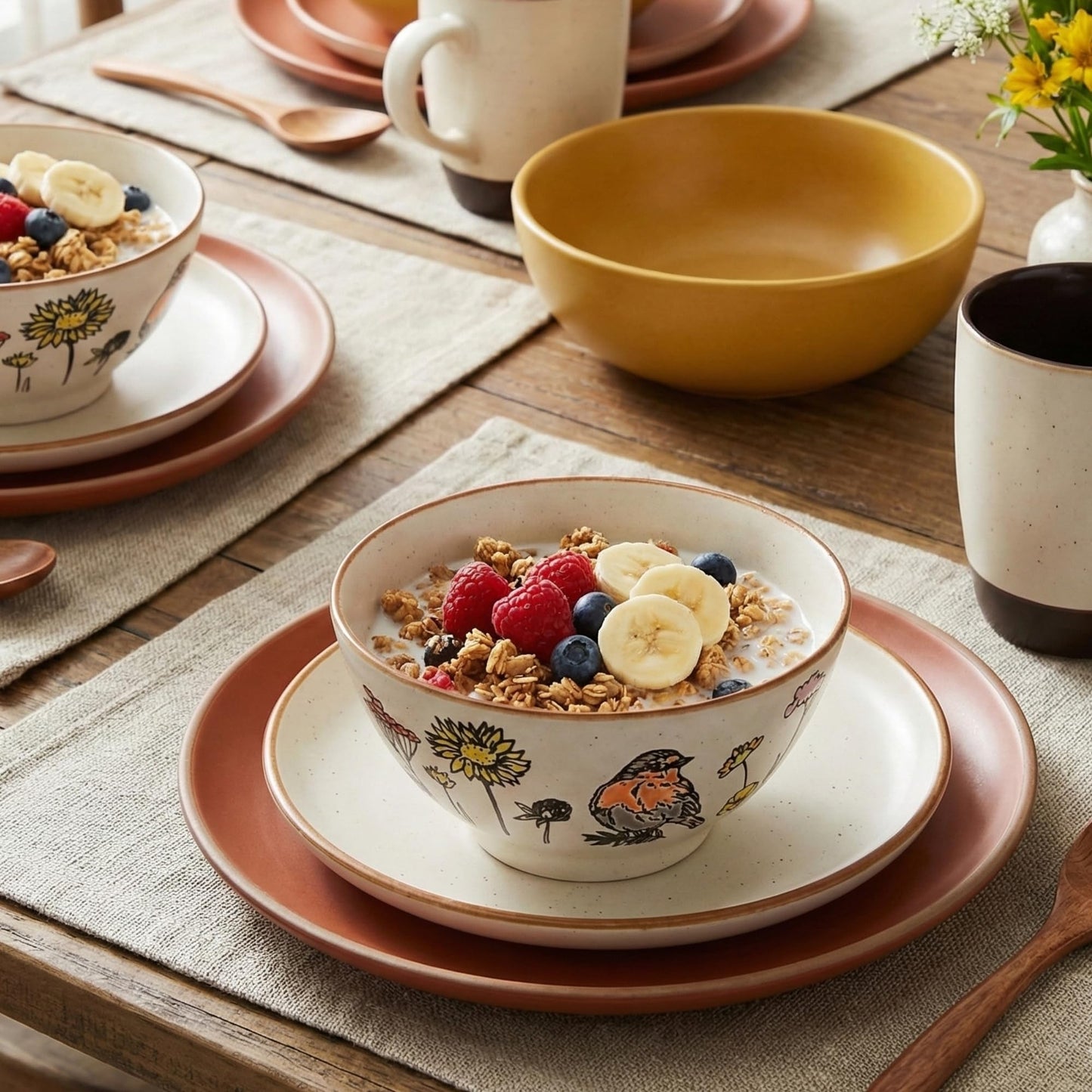 Blue Sky Clayworks Wildflower Bird Ceramic Bowl, 6" Diameter, Hand Painted Songbird and Floral Design