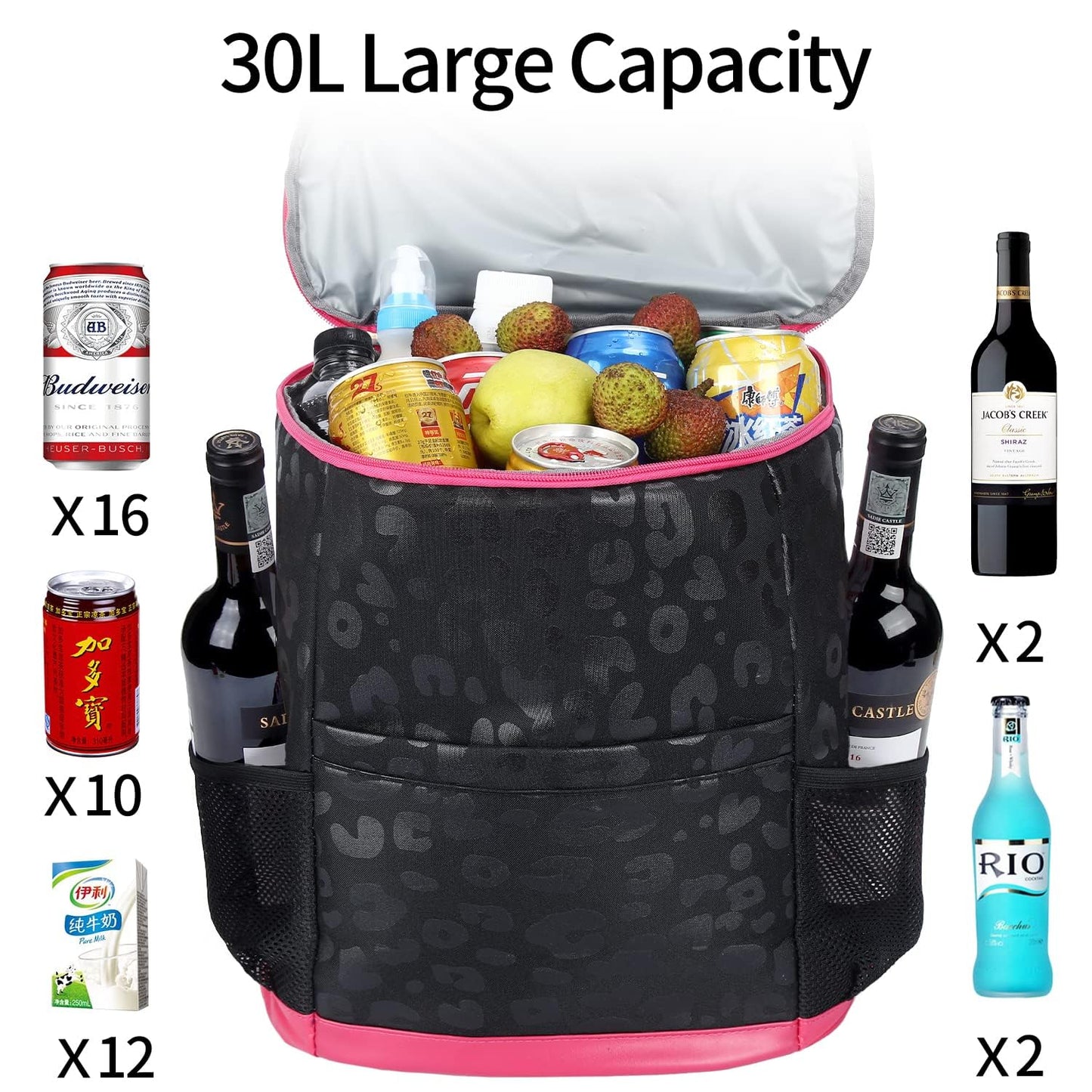 Leopard Camping Cooler Backpack Ice Chest Lunch Backpack 24 Cans Insulated Leak Proof Soft Beach Cooler Bag for Men Women Camping Hiking Picnic Travel Summer(Black Leopard)