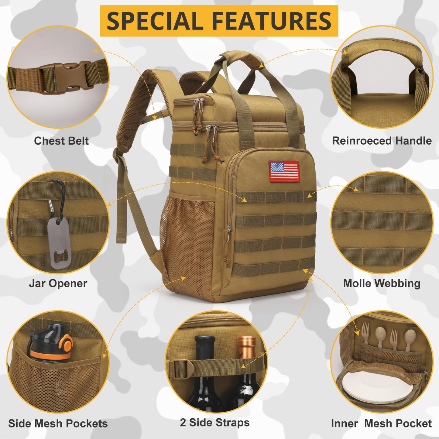 Tactical Backpack Cooler,Lunch Backpack for Men Work with Handle，Soft Cooler Backpack Insulated Waterproof Leak Proof，Heavy Ice Chest Backpack for Hiking Camping(Brown)