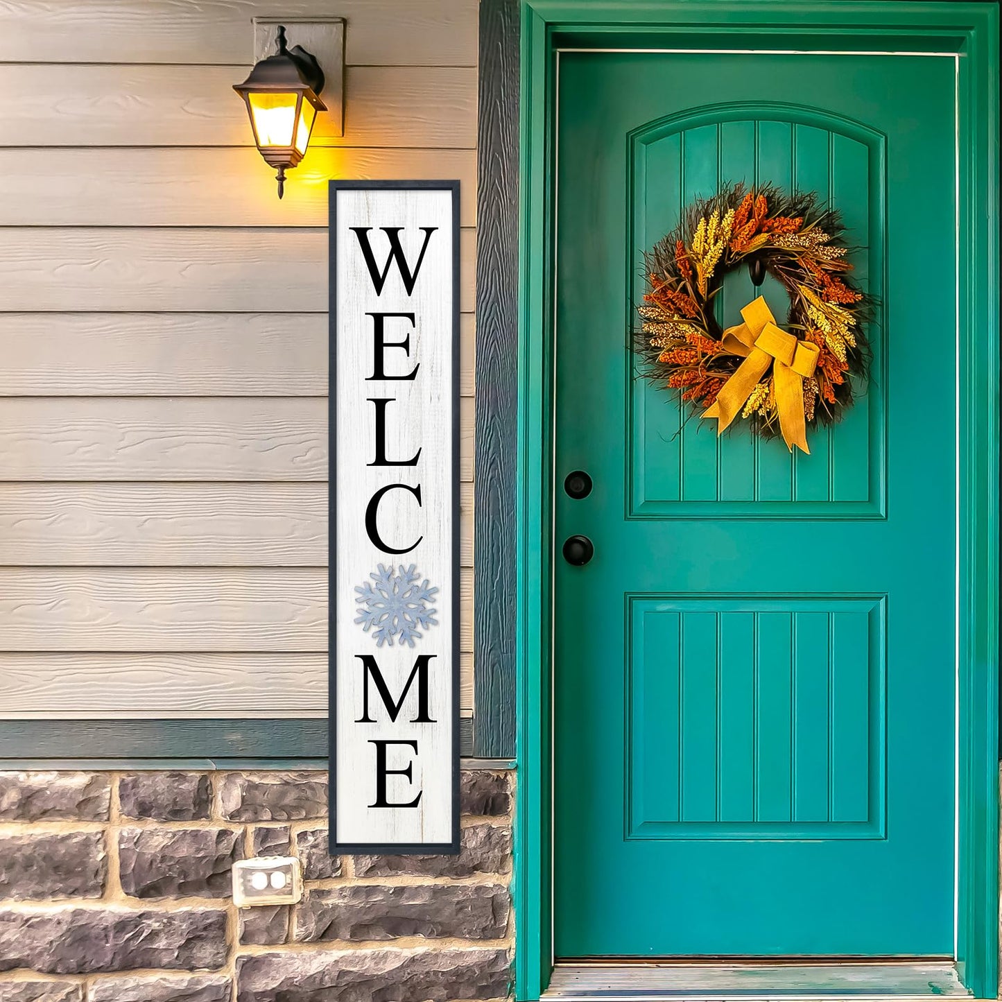 Aurapeak Interchangeable Welcome Sign for Front Porch Door, Outdoor Leaner Home Wooden Frame With 12 Pcs Replaceable Icons Outside Standing Seasonal Welcome Holiday Decorations (45"X9" Black)