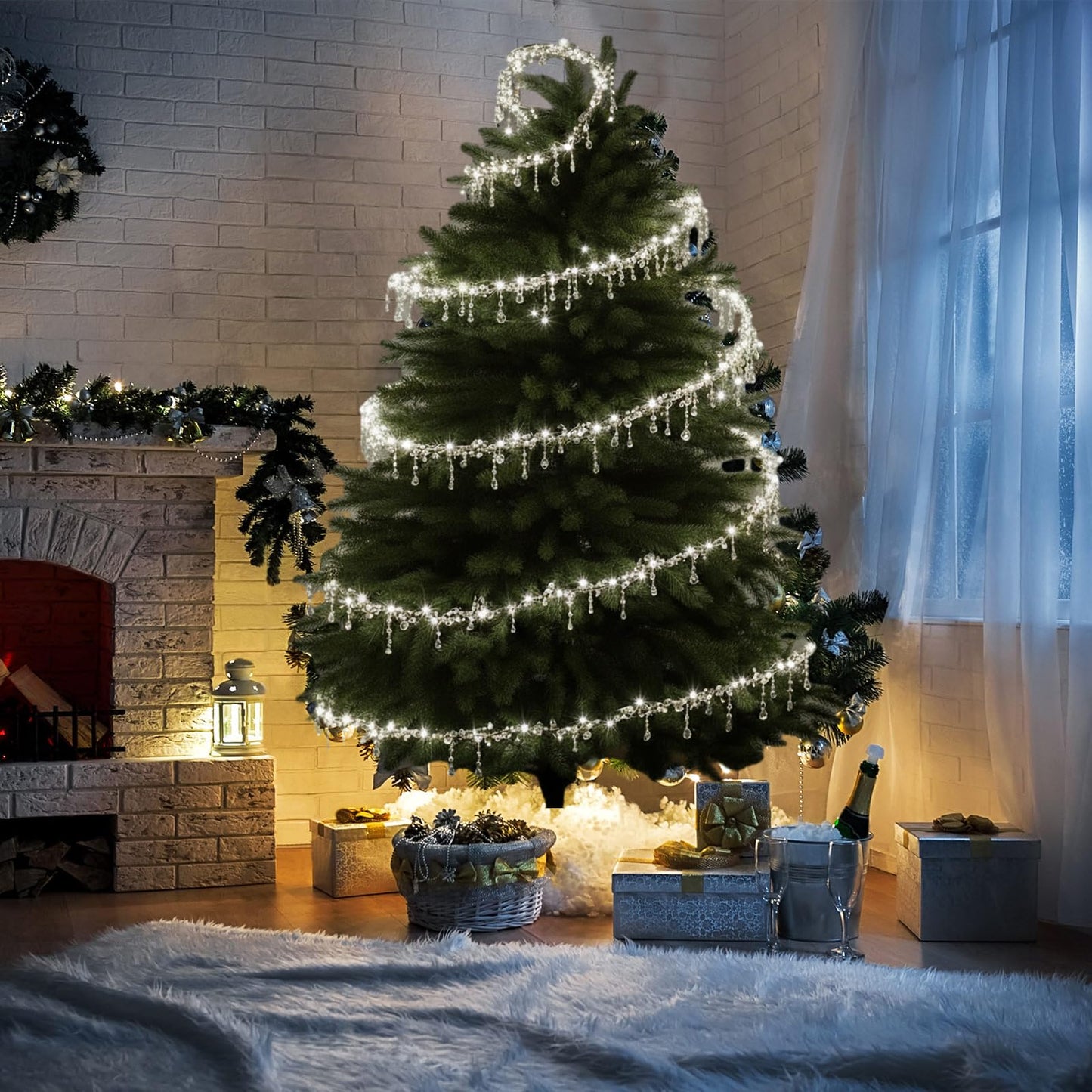 Grinsvalley 40 ft Christmas Tree Crystal Garland Decor Fairy Lights with Crystal Drop Ornaments and Iron Wire Remote Control Tree Twinkle Decoration for Indoor Xmas Winter Party Holiday Decorations