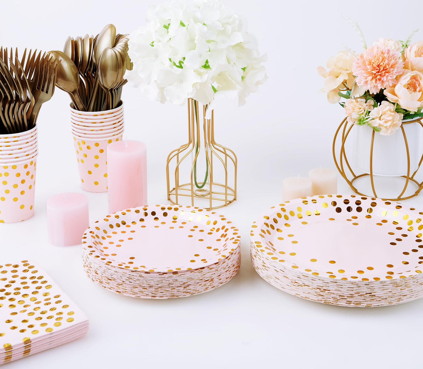 Pink and Gold Party Supplies - 350 PCS Disposable Dinnerware Set - Pink Paper Plates Napkins Cups, Gold Plastic Forks Knives Spoon for Graduation, Birthday, Thanksgiving, Cocktail Party