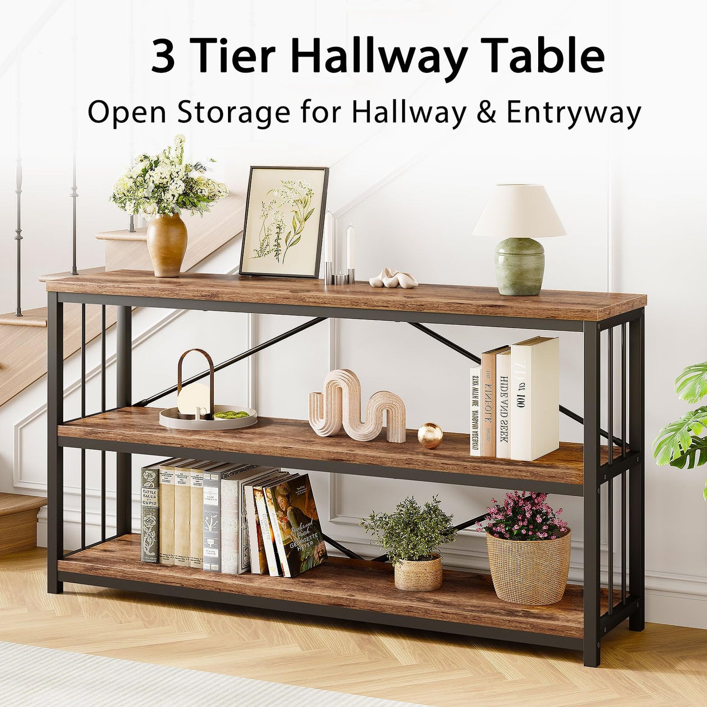 LVB Industrial Console Entryway Table, Metal Wood Rustic Sofa Table with Storage, Farmhouse 3 Tier Shelf Long Hallway Foyer Entry Tables Behind Couch for Home Living Room Entryway, Rustic Brown, 55 In