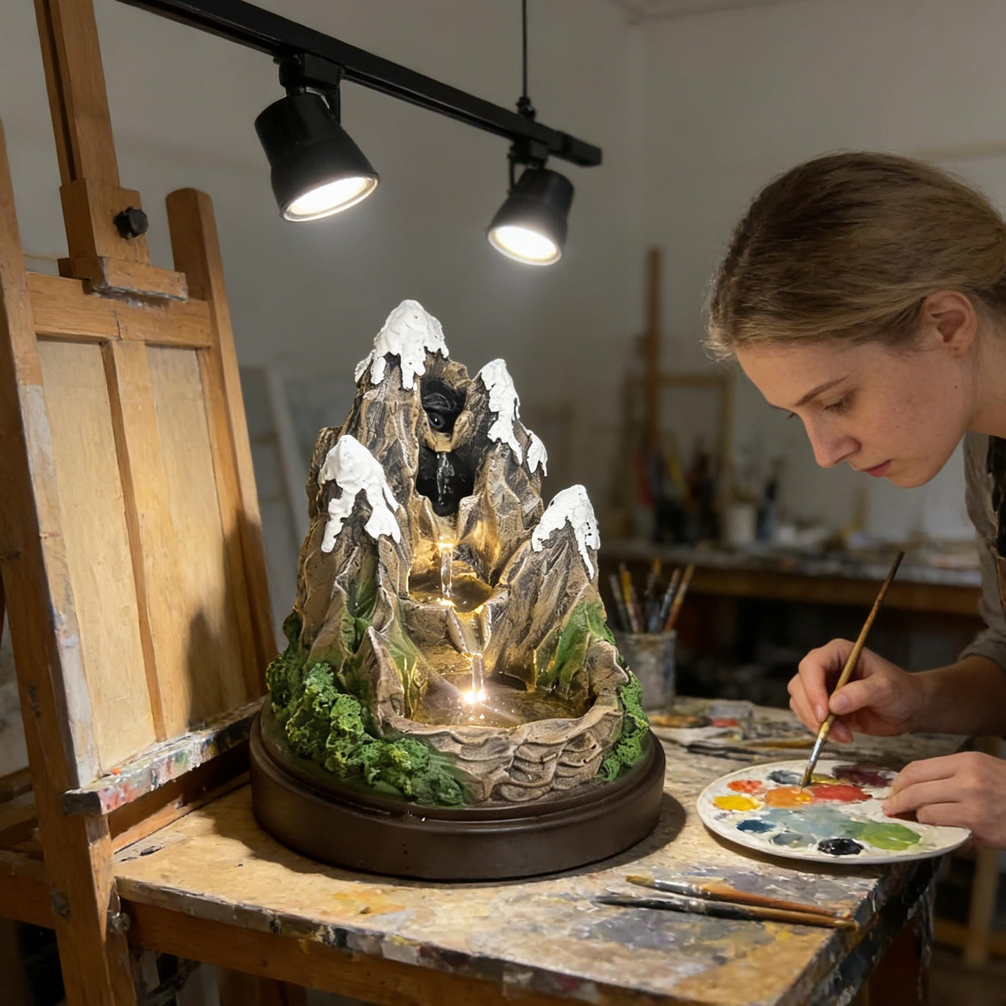 AOZITA Snow Mountain Tabletop Water Fountain 4-Tier Cascading Indoor Waterfall with Warm LED Lights, Realistic Rock Texturing & Moss Accents, Miniature Zen Landscape for Desk Home Office Decor