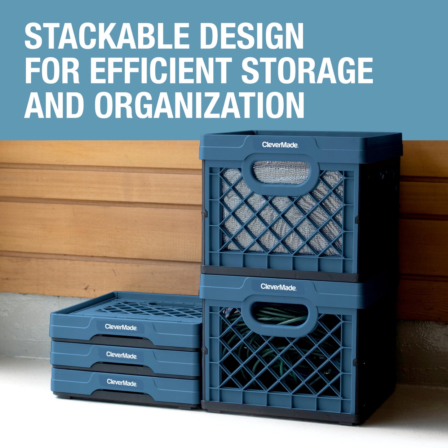 CleverMade Collapsible Milk Crate 25L (6.6 Gal) 3 Pack, 50 lb Capacity Heavy Duty Folding Crate – Stackable Storage Crates with File Rails, Plastic Collapsible Crates - Ocean
