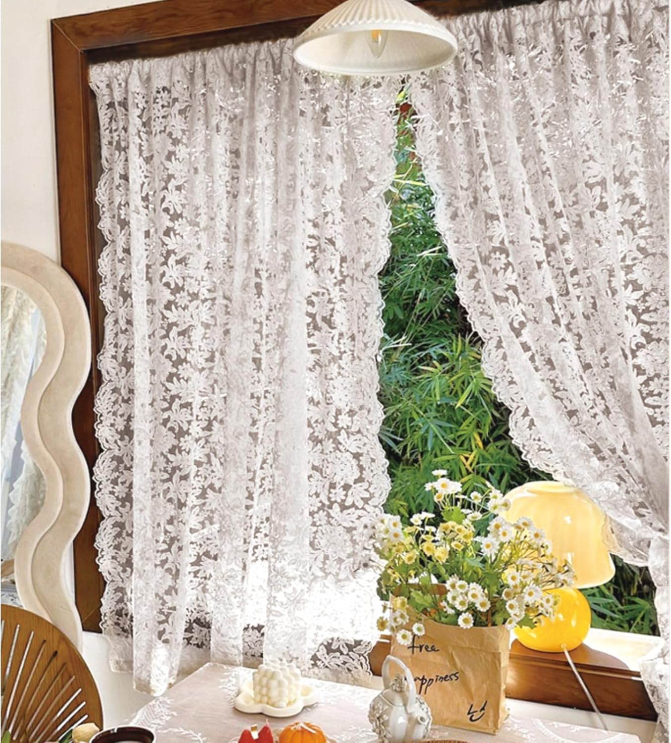 JESSANS 2pcs French Curtains Lace Gauze for Living Room Cream Retro Wavy Edge Bedroom Bay Window Girl Embroidery Curtain Door White Tulle Rod Pocket (W51XH51IN)