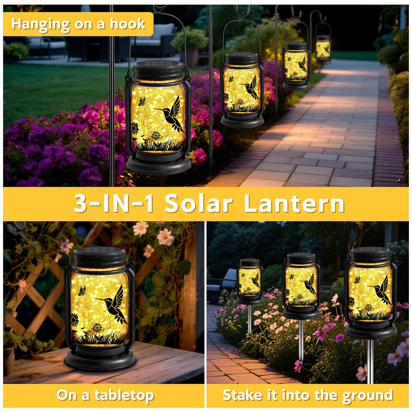 Hummingbird Solar Lanterns 3-in-1 Outdoor Waterproof - Birthday Gifts for Women Mom Christmas, Mason Jar Hanging Lanterns with Stake, Garden Decor Lights for Patio Yard Porch Lawn Balcony Decorations