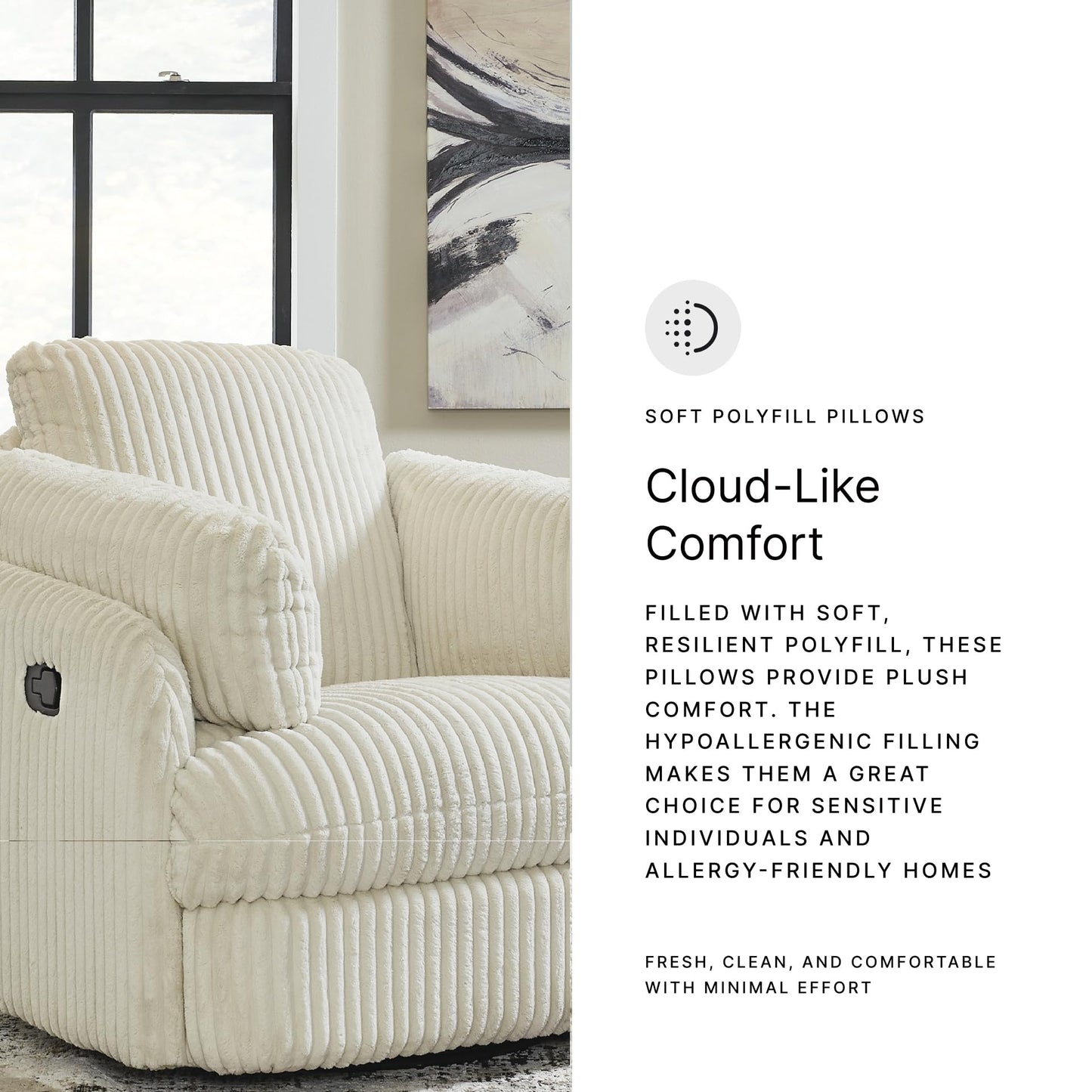 Signature Design by Ashley Tie-Breaker Cozy Contemporary Manual Press-Back Swivel Glider Rocker Recliner with 2 Bolster Pillows and Hidden Storage, White