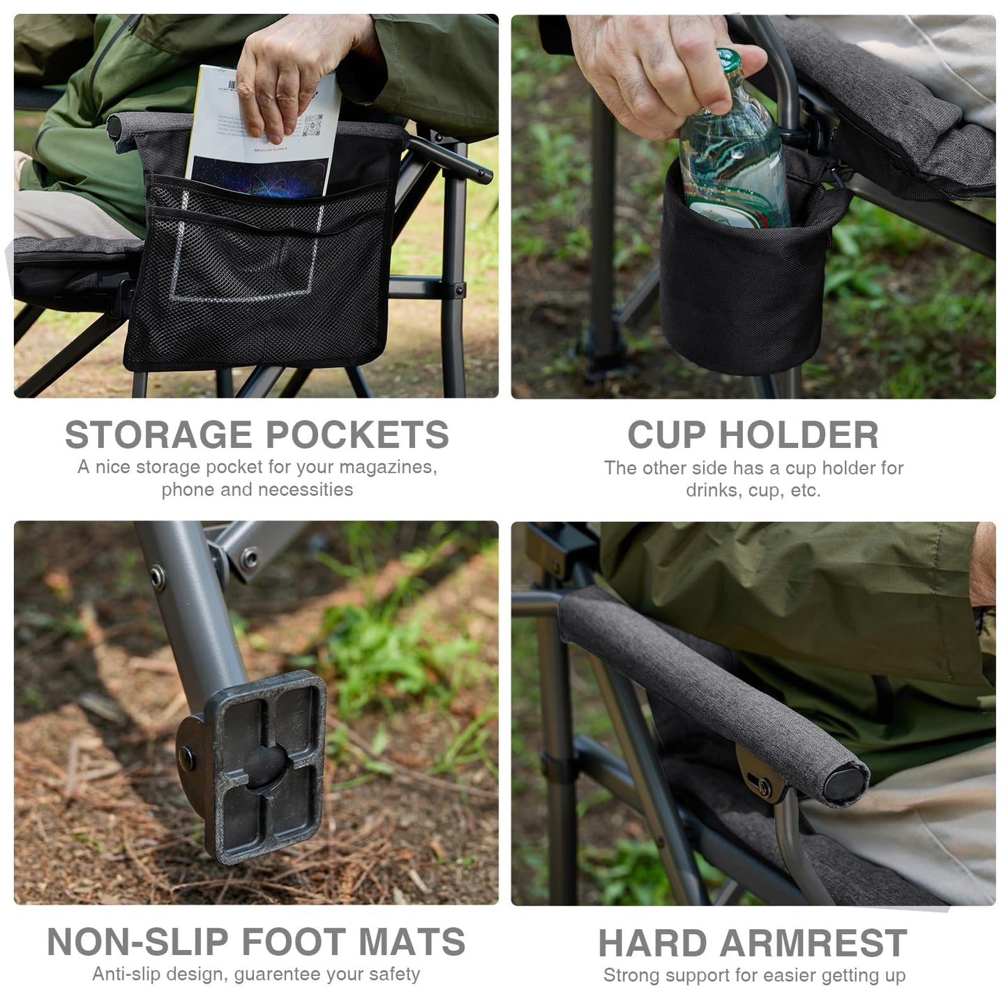 EVER ADVANCED Padded Oversized Folding Camping Chair for Adults, Heavy Duty Lawn Chair with Side Pockets, Portable Collapsible Quad Chair for Outside, Support Up to 500lbs, Black