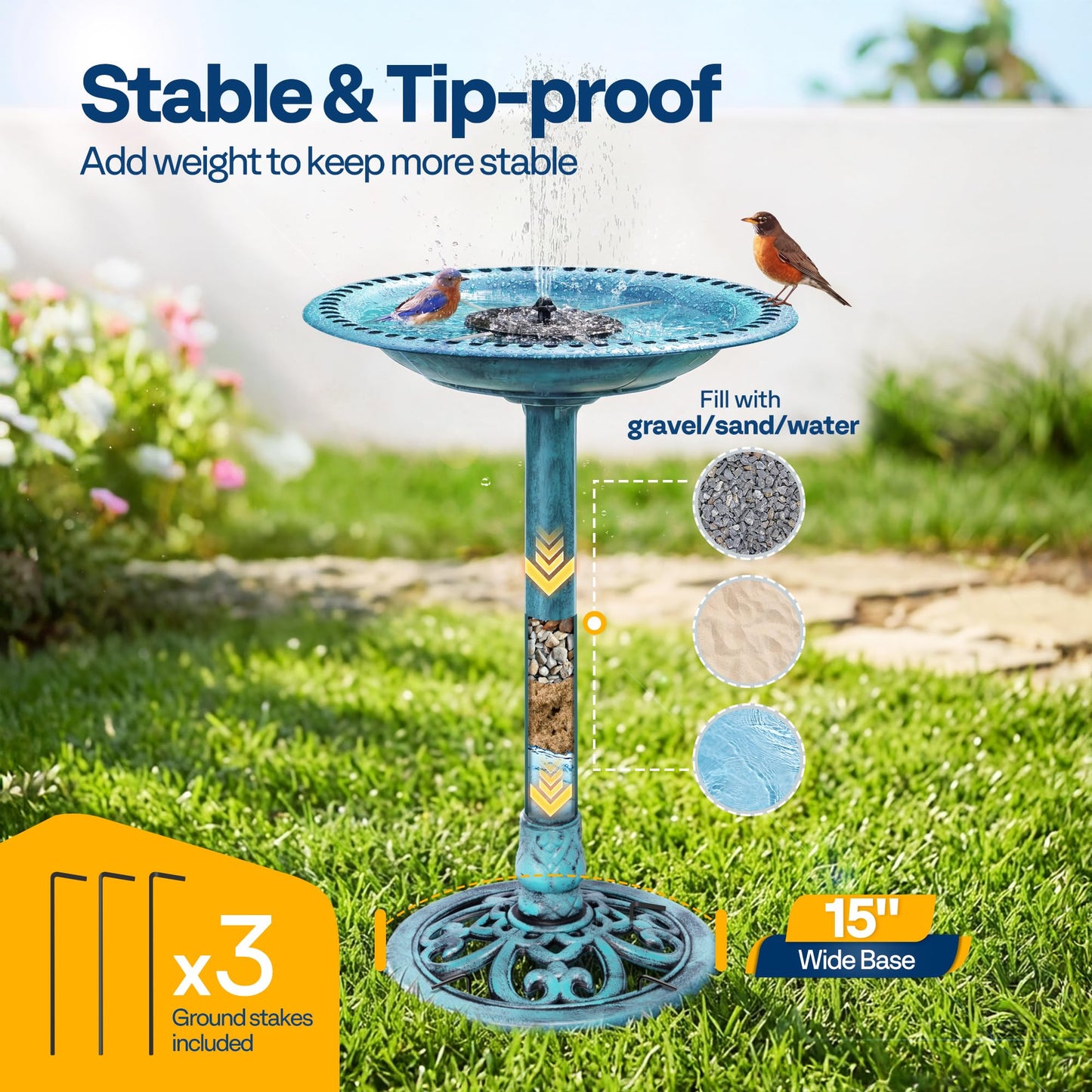 VIVOHOME Bird Bath with Solar Fountain for Outside, Polyresin Pedestal Bird Baths with Solar Powered Pump for Outdoor, Garden, Weather-Resistant Birdbaths with 20" Bowl, Blue