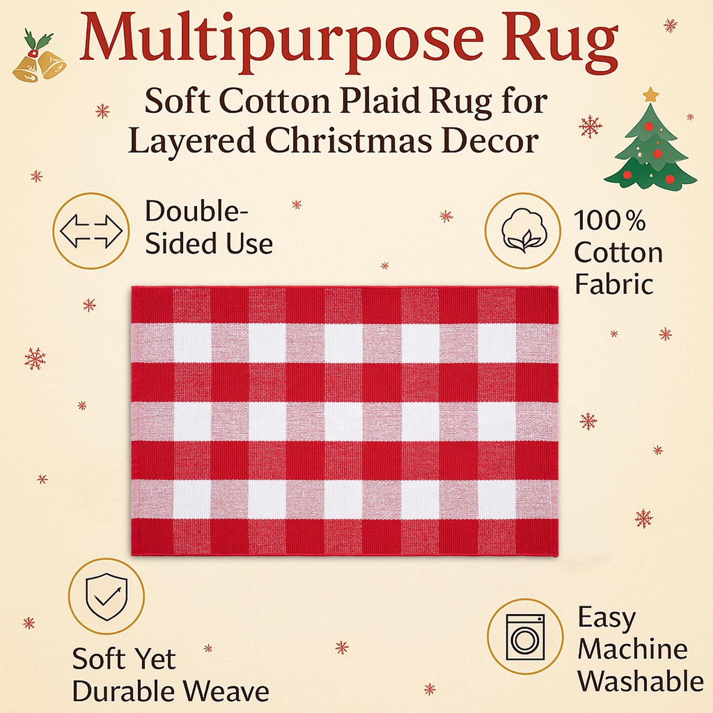 Christmas Door Mat Combo Set - 100% Coco Coir Welcome Mat + 28 x 43 Inch Red and White Plaid Rug, Holiday New Year Christmas Collection Decorative Doormat for Front Porch Entryway Decor