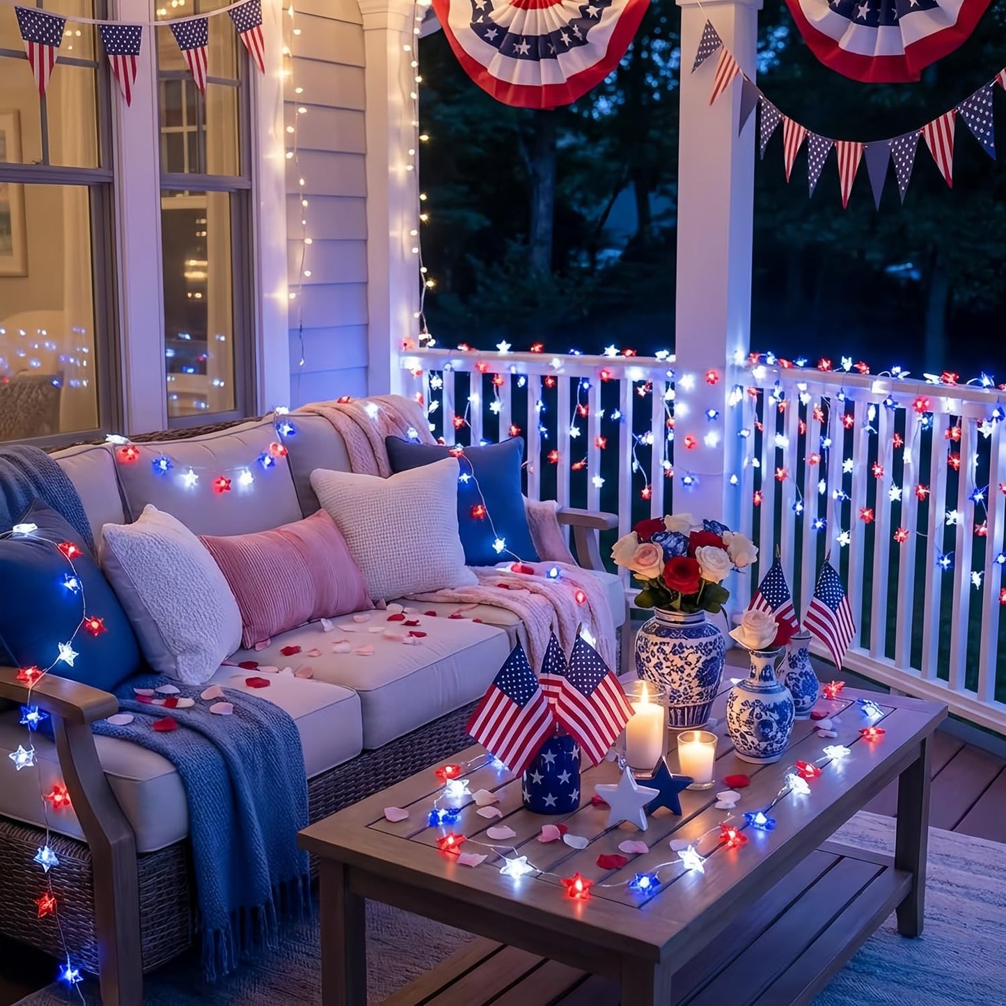 100 LED 4th of July Decorations American Star Fairy Lights Battery Operated, 2 Sets Mini Red White and Blue Star Twinkling Lights Remote & Timer with 8 Modes for Home Memorial Day Patriotic Decor