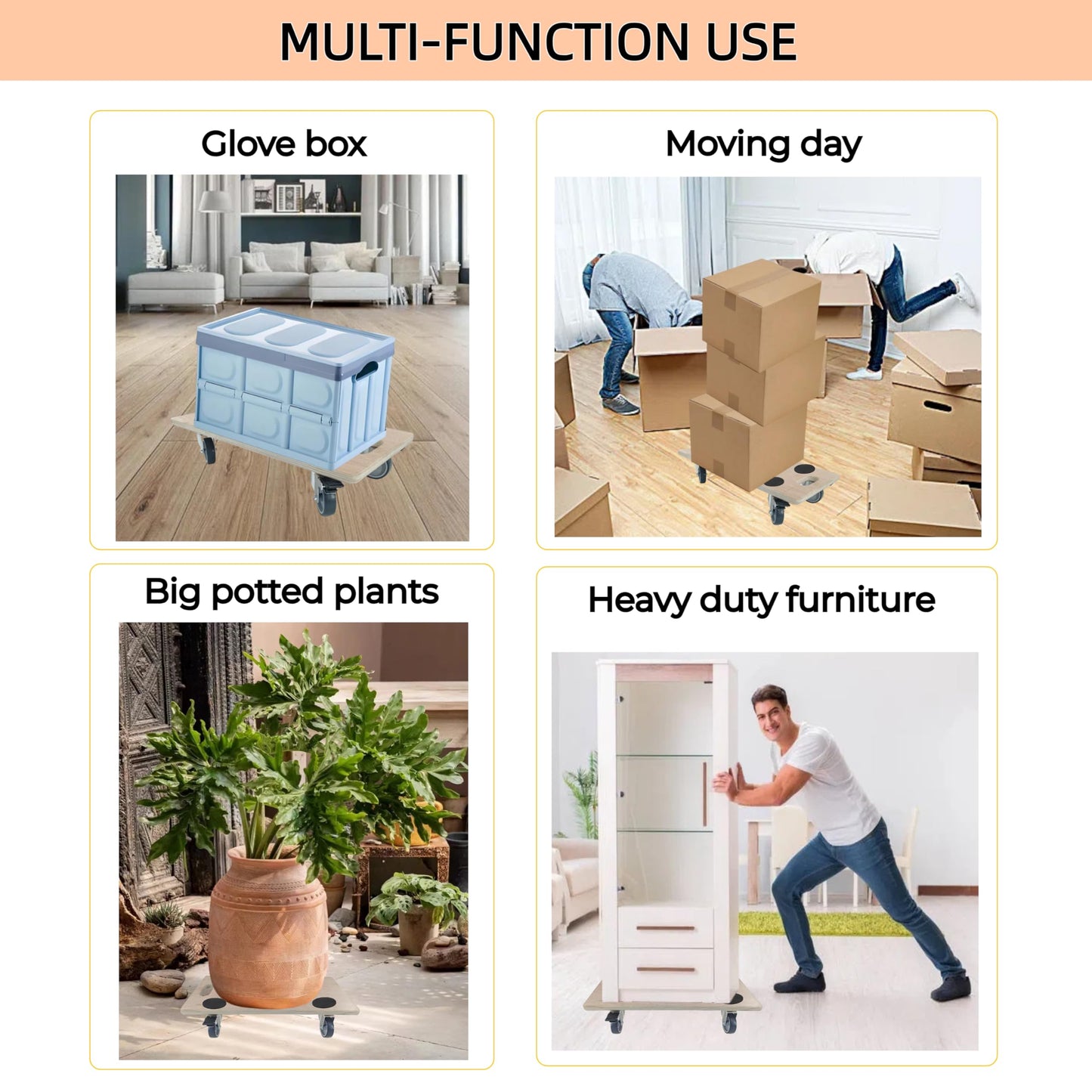 HBFBDRCT Furniture Dolly 4 Wheels, Furniture Movers, 2 Packs 2200 lb Load Capacity Heavy Duty Real Wood Dolly, Multifunctional Moving cart with 4 Soft Rubber Silent Wheels （2 with Brake+ 2 Without）