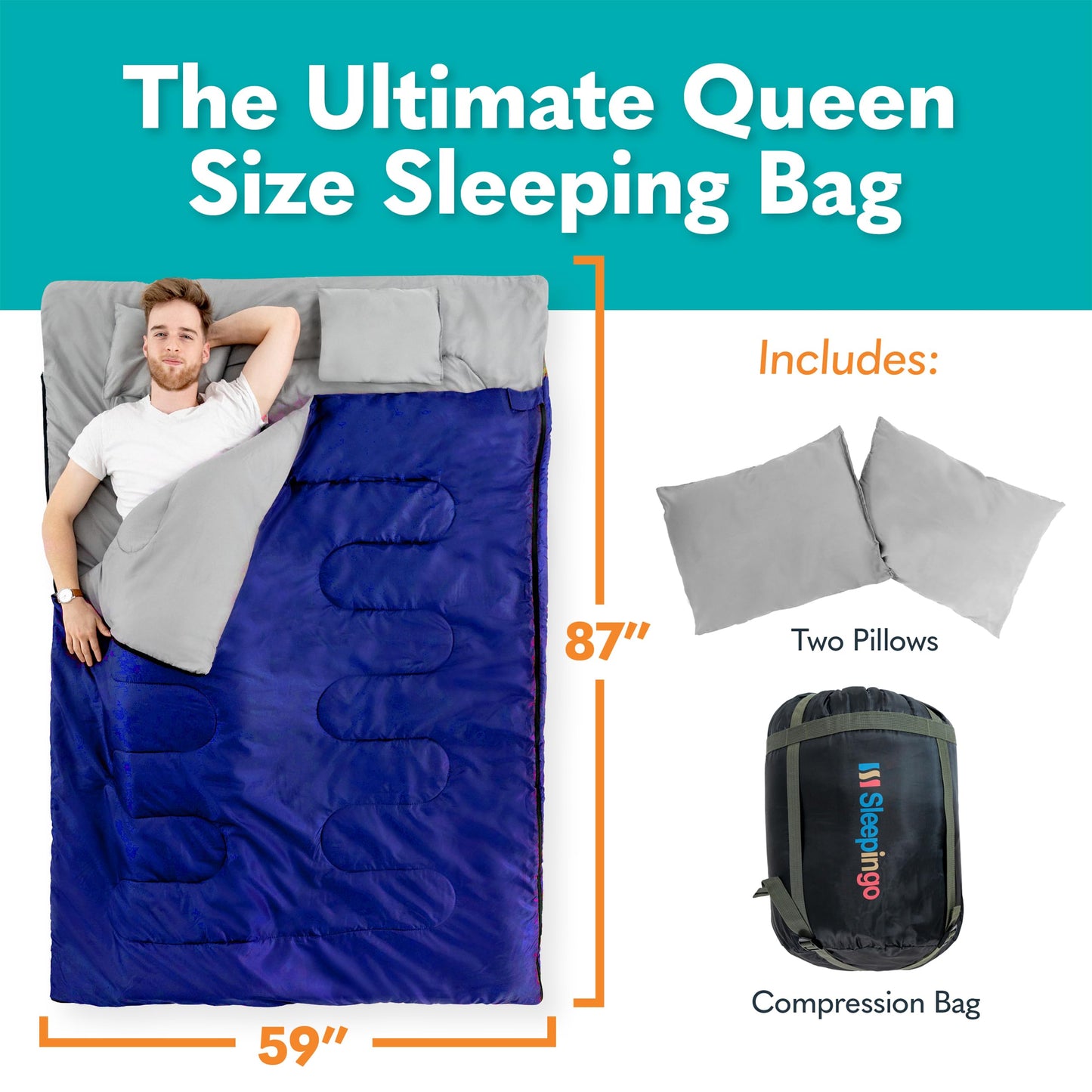 Double Sleeping Bags for Adults – Waterproof Queen-Size 2 Person Sleeping Bag with Pillows for Camping, Backpacking, Hiking, or Truck Use – Warm, Lightweight, and Convertible into Two Singles – Blue