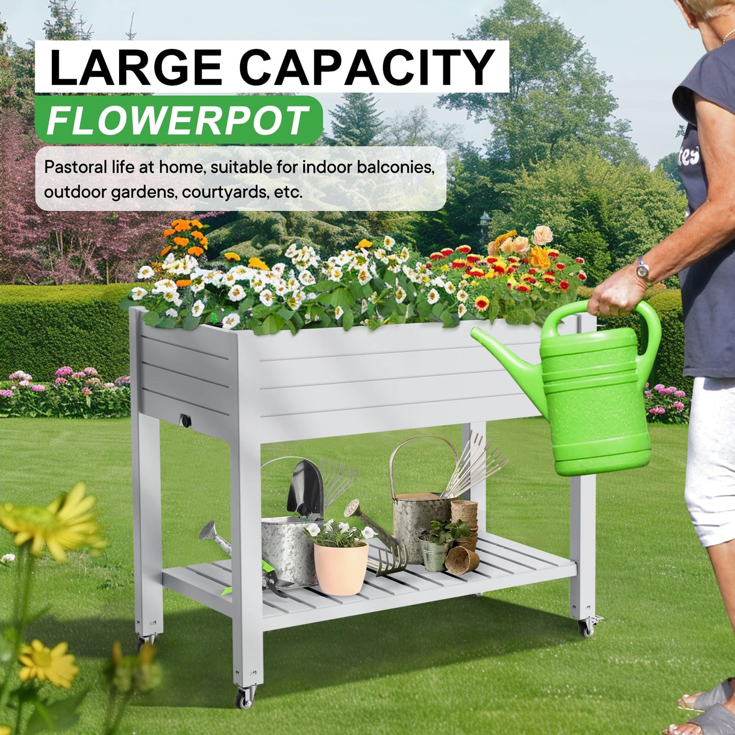 PatioZen Raised Garden Bed with Legs, 33.66" Tall Self-Watering Resin Planter Box with Lockable Wheels Drainage Plug and Gauge for Vegetables, Flowers, Storage Shelf for Tools and Accessories (Ashen)