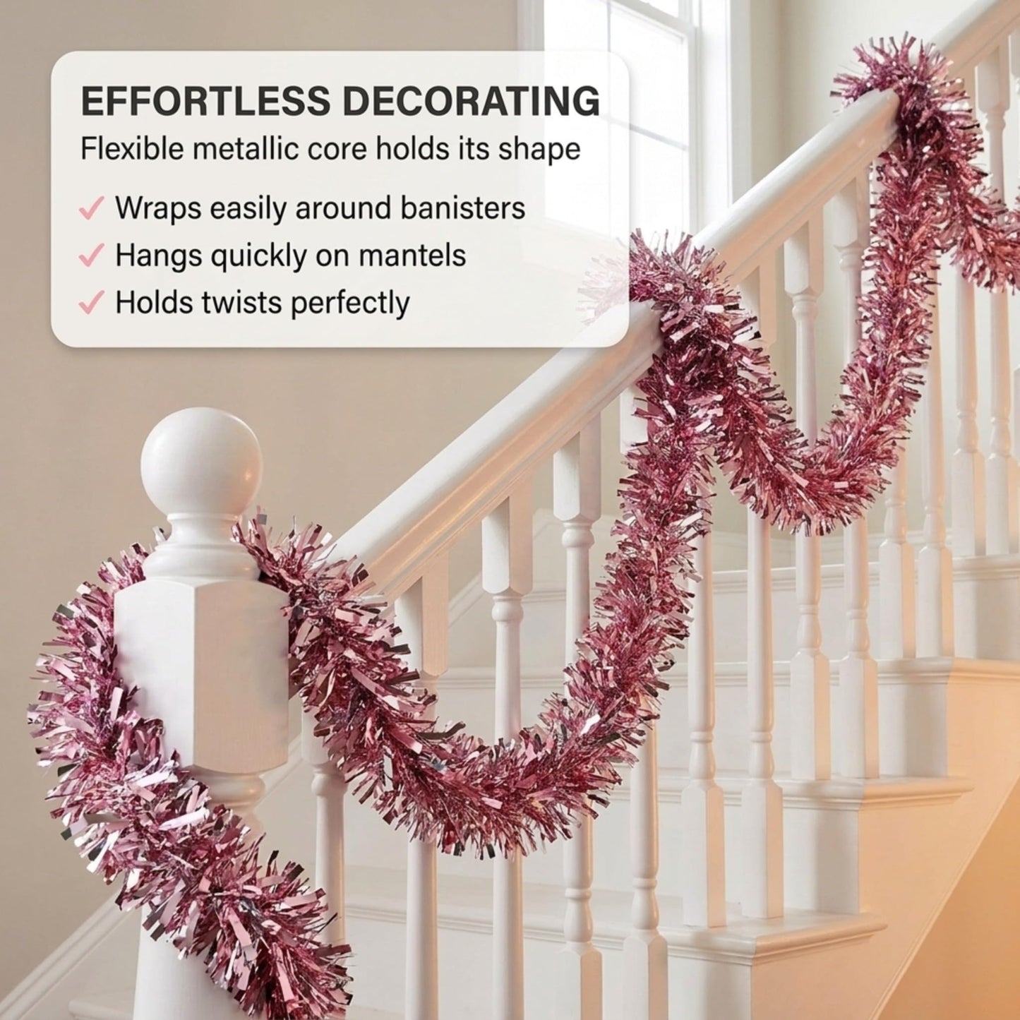 Anderson's Metallic Light Pink & Silver Sparkle Glitter Tinsel Twist Garland, 25ft Holiday Decoration, Christmas Tree Trim, Parade Float Decor, Party Supplies, Graduation, Event Garland