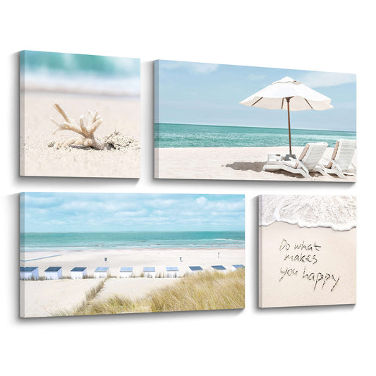 Coastal Canvas Wall Art Picture: Sandy Beach Chair Print 4 Piece Tropical Ocean Seascape Decor Artwork Relaxing Sea Scene Seashell Painting for Living Room Bedroom