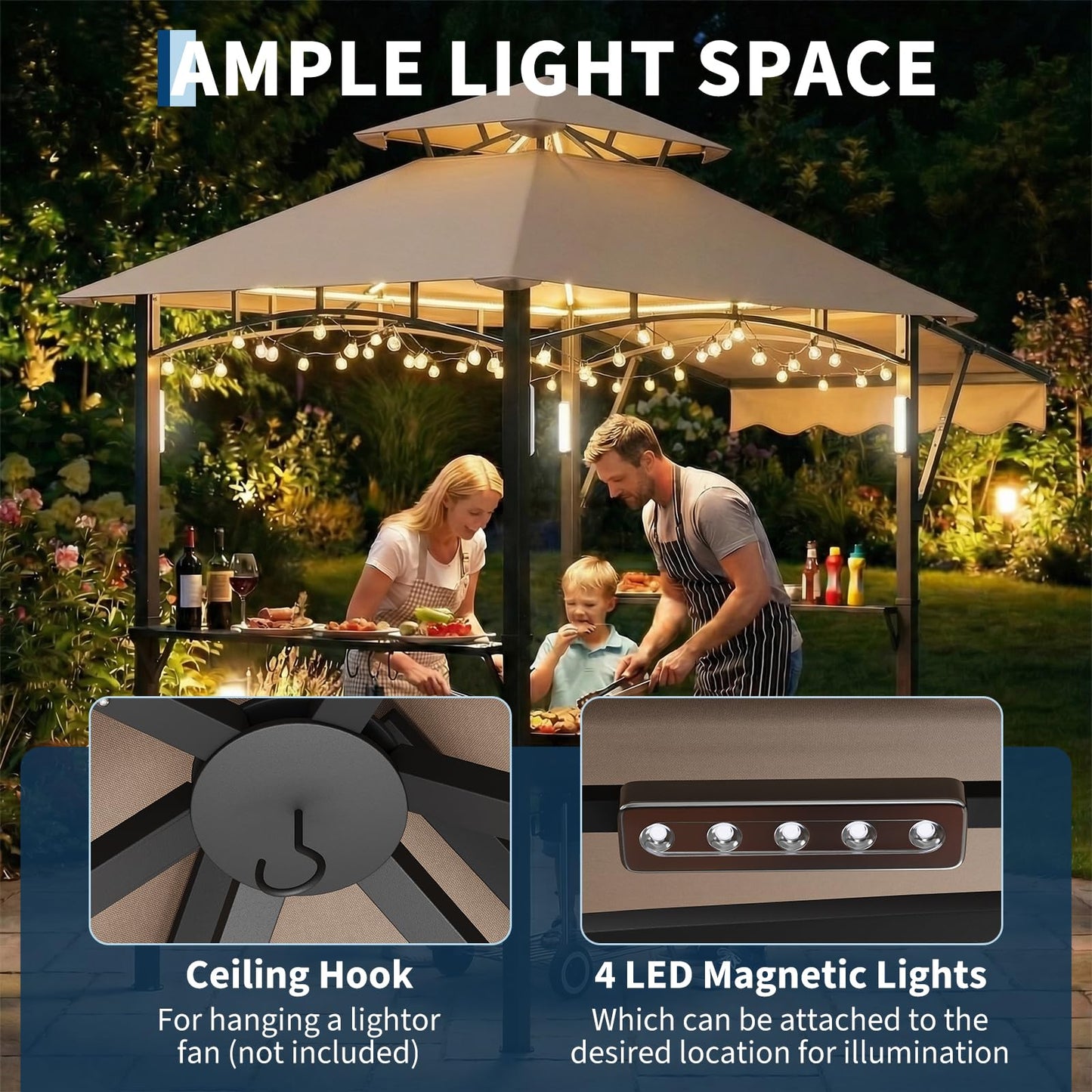 Garvee 8x5 ft Grill Gazebo with Side Awning, Double-Tier BBQ Canopy with 2 Side Shelves, 4 LED Lights,10 Hooks & Bottle Opener, Heavy-Duty Outdoor Grill Shelter for Patio, Backyard, Garden, Deck,Khaki