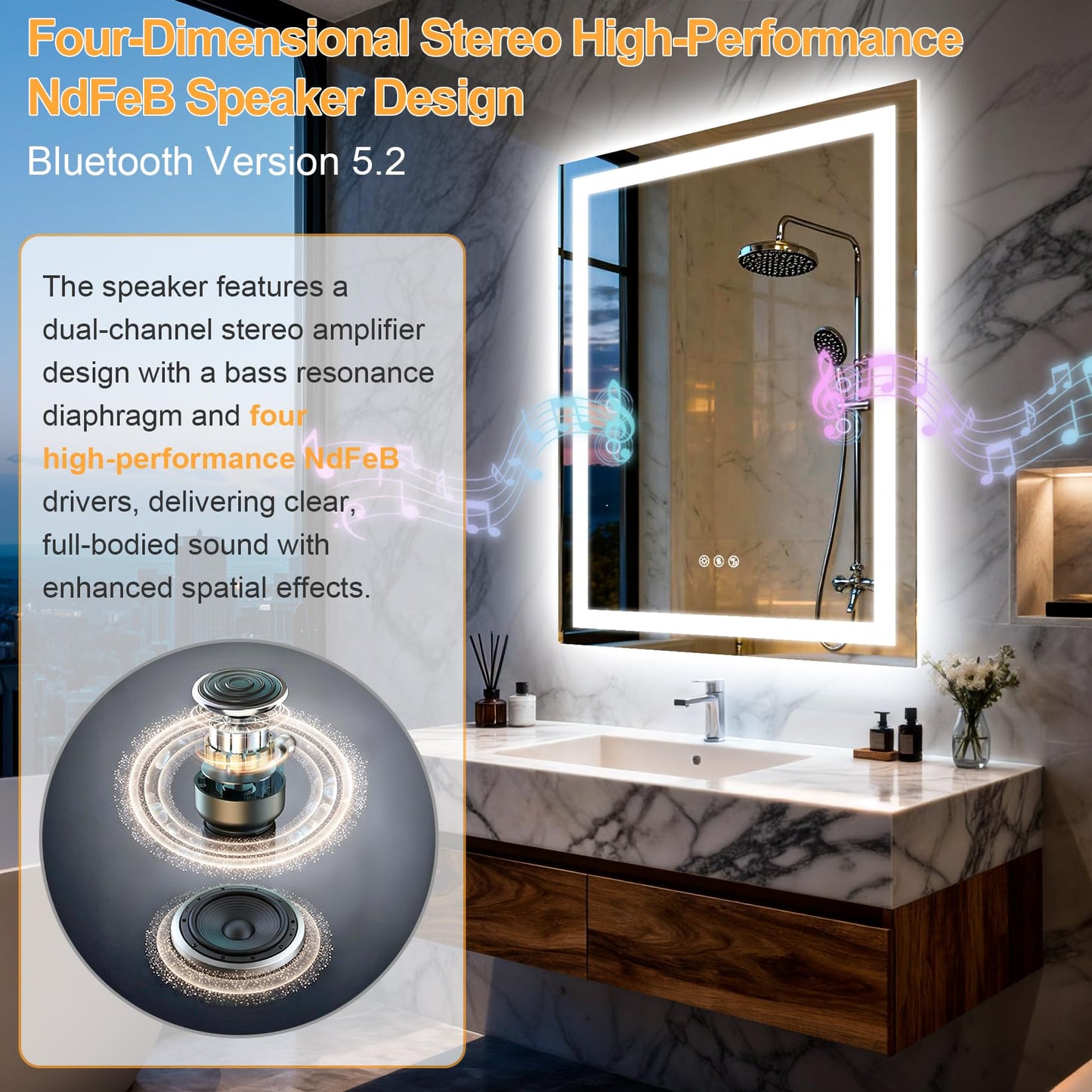 Olyvren 20"x28" LED Bathroom Mirror with Lights,Bluetooth Dual Speaker,Anti-Fog,3 Color Temperature,Dimmable Brightness,Memory Function,Waterproof,Wall Mount Design,Tempered Glass