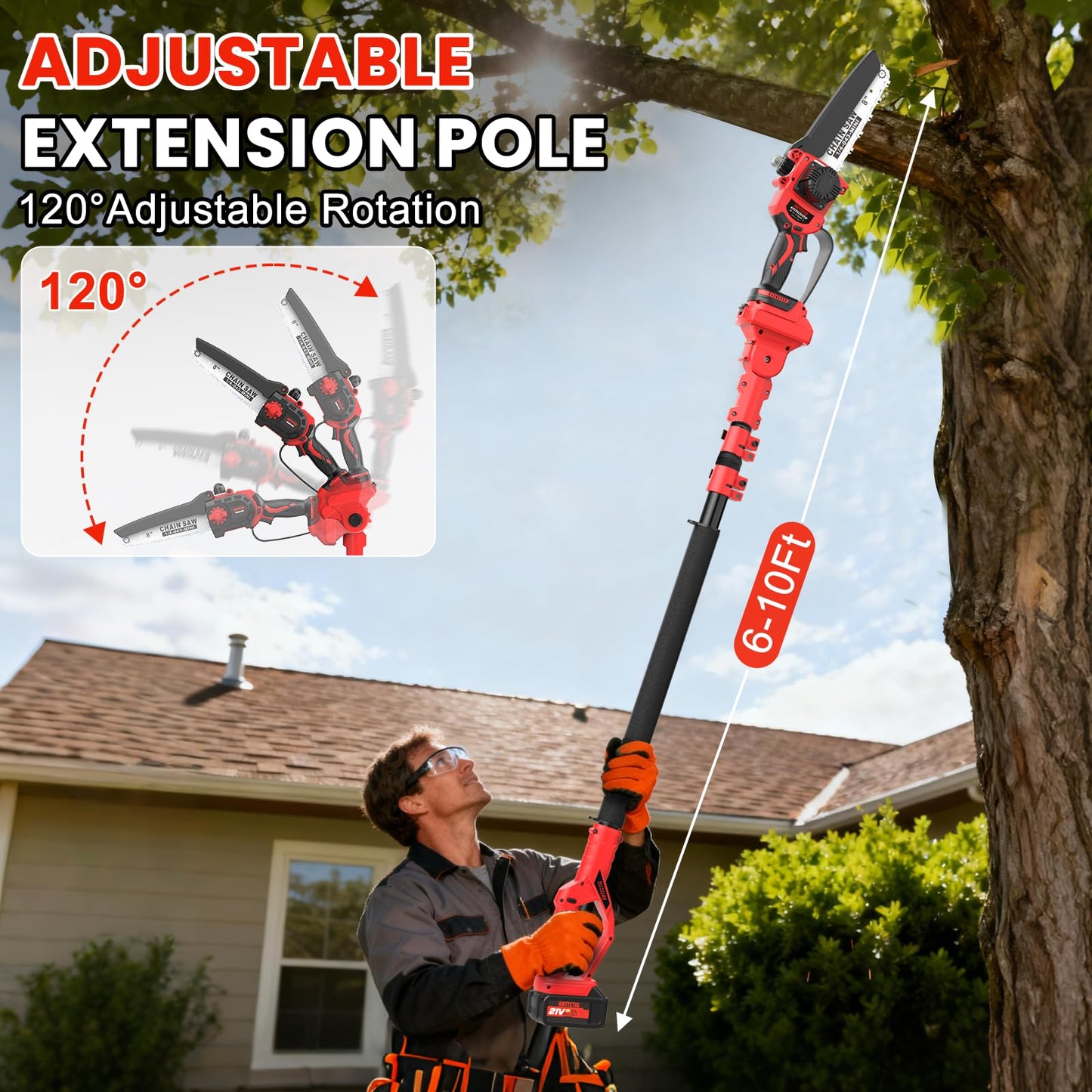 Upgraded 2-in-1 Cordless Pole Saw & 8 Inch Mini Chainsaw, Battery Powered Tree Trimmer with 6.6ft(2m) Extension Pole, 21V 4.0Ah x2 Batteries, Electric Chainsaw for Branch, Limb & Wood Cutting