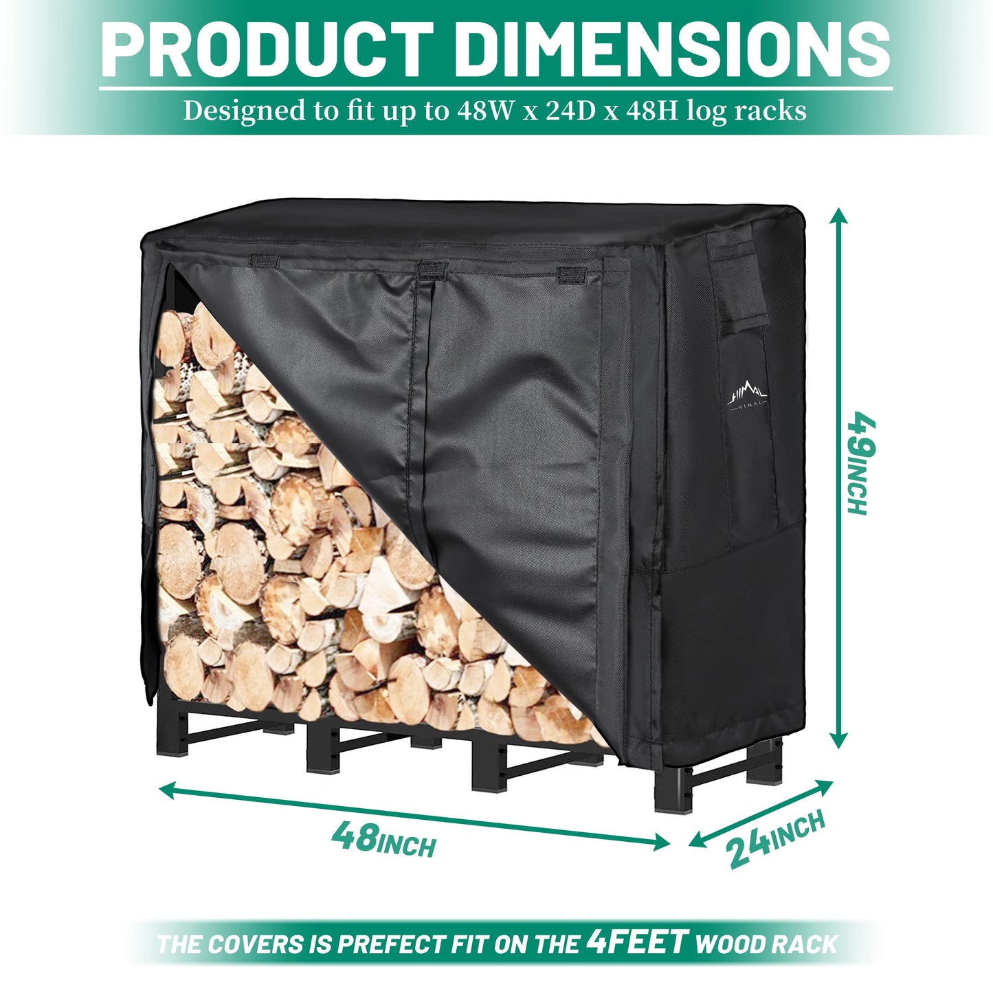 Himal 4ft Waterproof Firewood Cover, Heavy Duty 600D Oxford Outdoor Storage Wood Rack Cover with Buckle (Log Rack not Included)