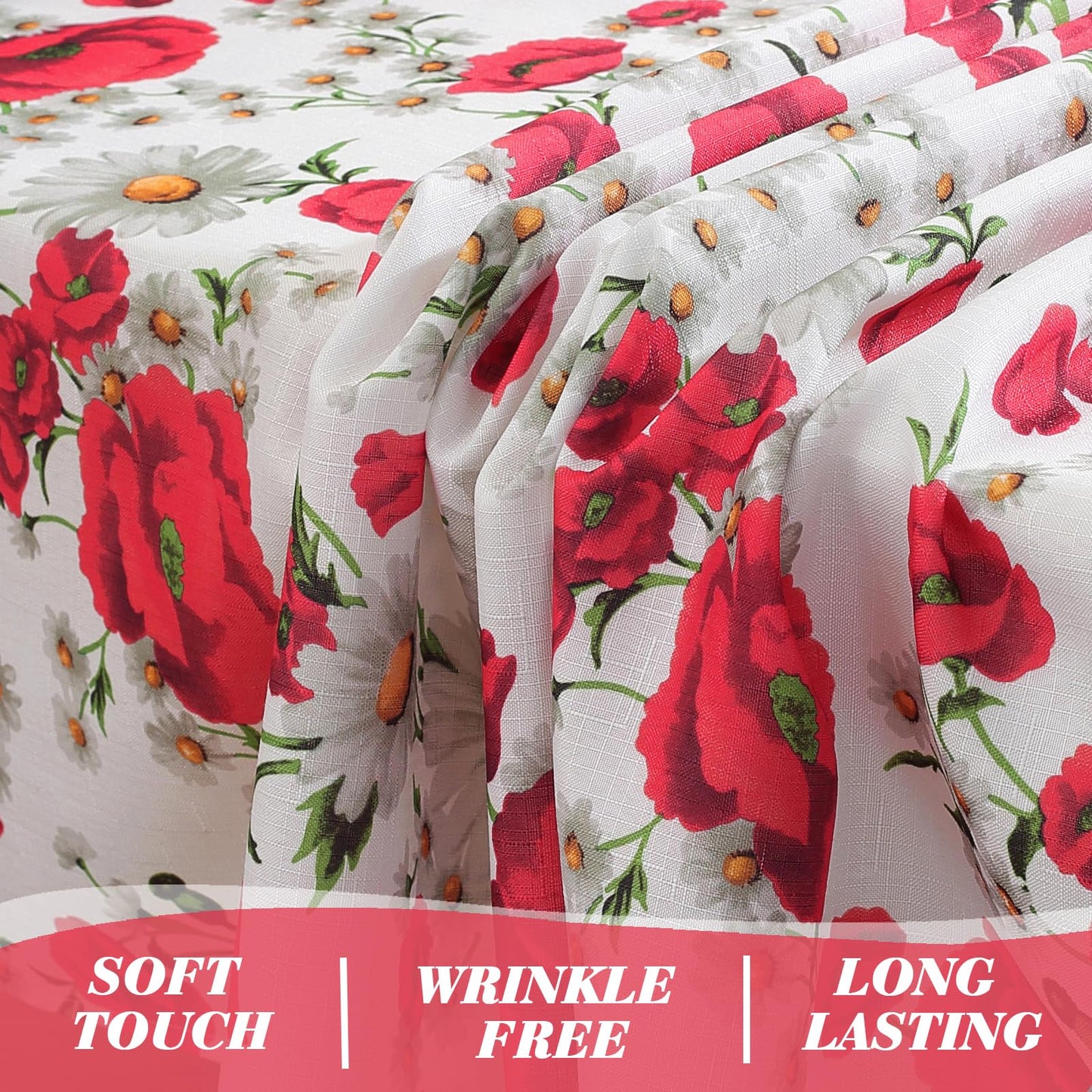 SASTYBALE Spring Summer Tablecloth 52 x 70 Inches Rectangle Red Floral Table Cloth, Washable Water Resistant & Wrinkle Free Polyester Texture Table Cover for Party,Picnics, and Dinner Decor