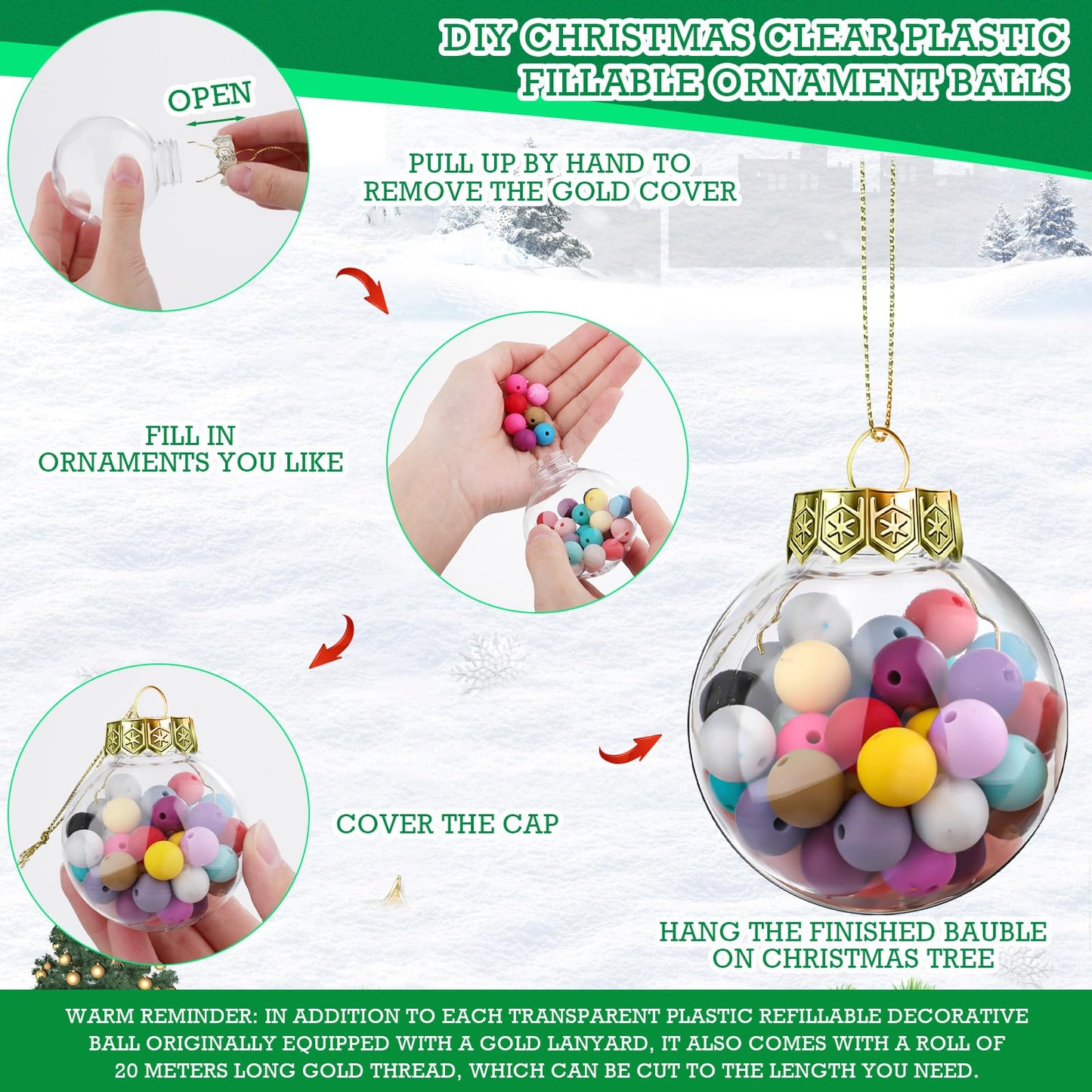 Wettarn 50 Pcs 2.36 Inch Christmas Plastic Fillable Ornaments, Transparent DIY Craft Rainbow Ball with Lid and Rope, Xmas Hanging Ornament for Party Wedding Home Decor (Clear)