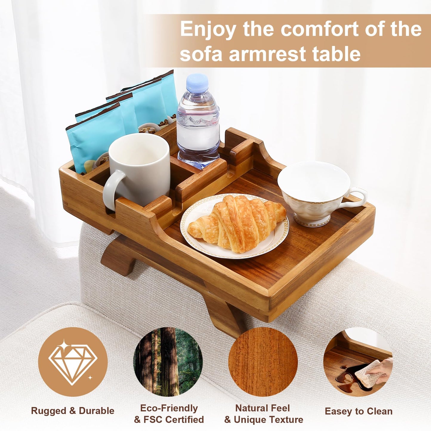 Acacia Wood Couch Arm Tray, 15.35"x9.85" Couch Armrest Table with Cup Holder, Foldable Desktop for Dual Use Sofa Arm Tray, with Non-Slip Feet