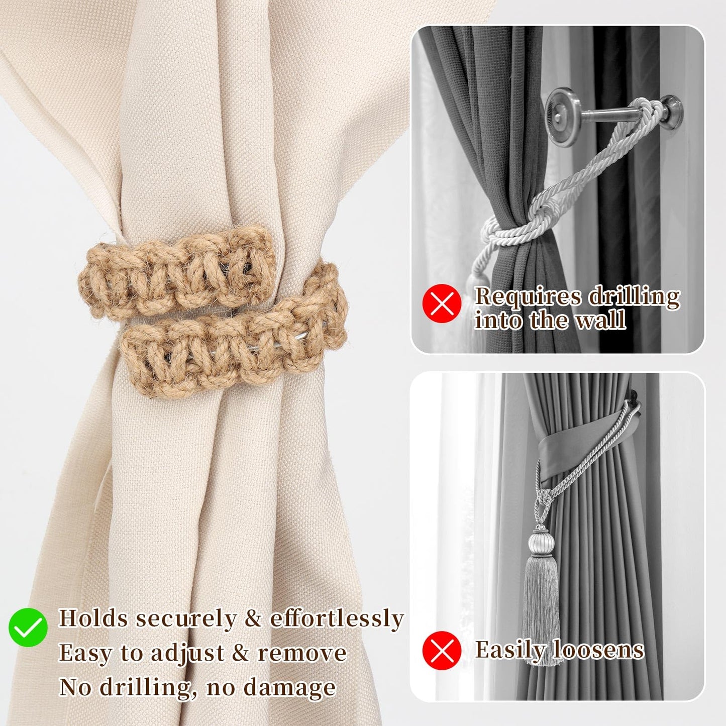 4 Pcs Braided Curtain Tiebacks Boho Flexible Rope Drapes Holder Braided Jute Curtain Tiebacks for Home Office Bedroom Window