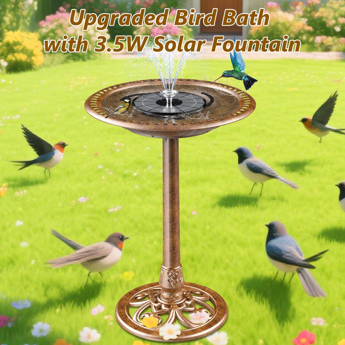 AISITIN 28 Inch Bird Bath with 3.5W Solar Fountain for Outside, Antique Copper Polyresin Pedestal Bird Baths for Outdoor Garden Courtyard Decor, Weather-Resistant Birdbaths with 20" Bowl & 8 Nozzles