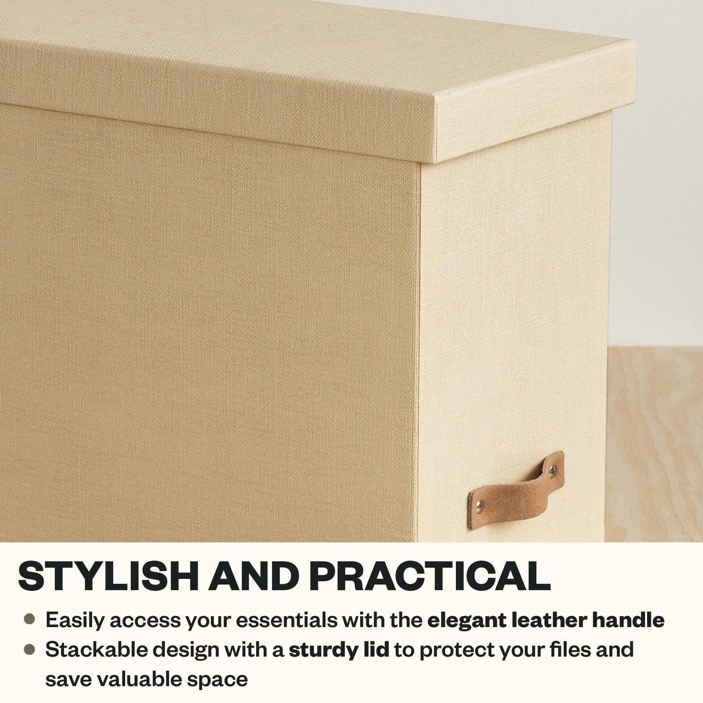 Bigso John File Box - File Storage Box and File Organizer for Important Paperwork - Durable Hanging File Box with Lid and Leather Handle - 7.36 in x 13.26 in x 10.51 in - Cream