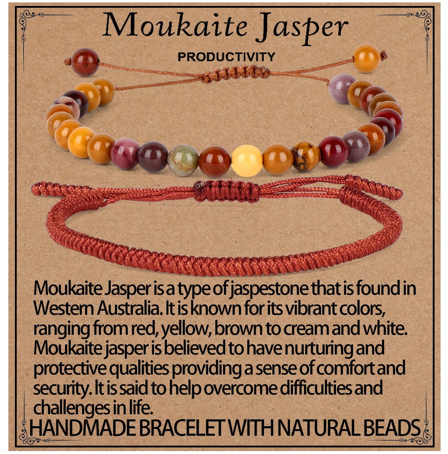 LPBeads 6mm Moukaite Jasper Bracelet with Handmade Rope Bracelet Size Adjustable Natural Stone Crystal Healing Bracelets Gifts for Unisex Adults