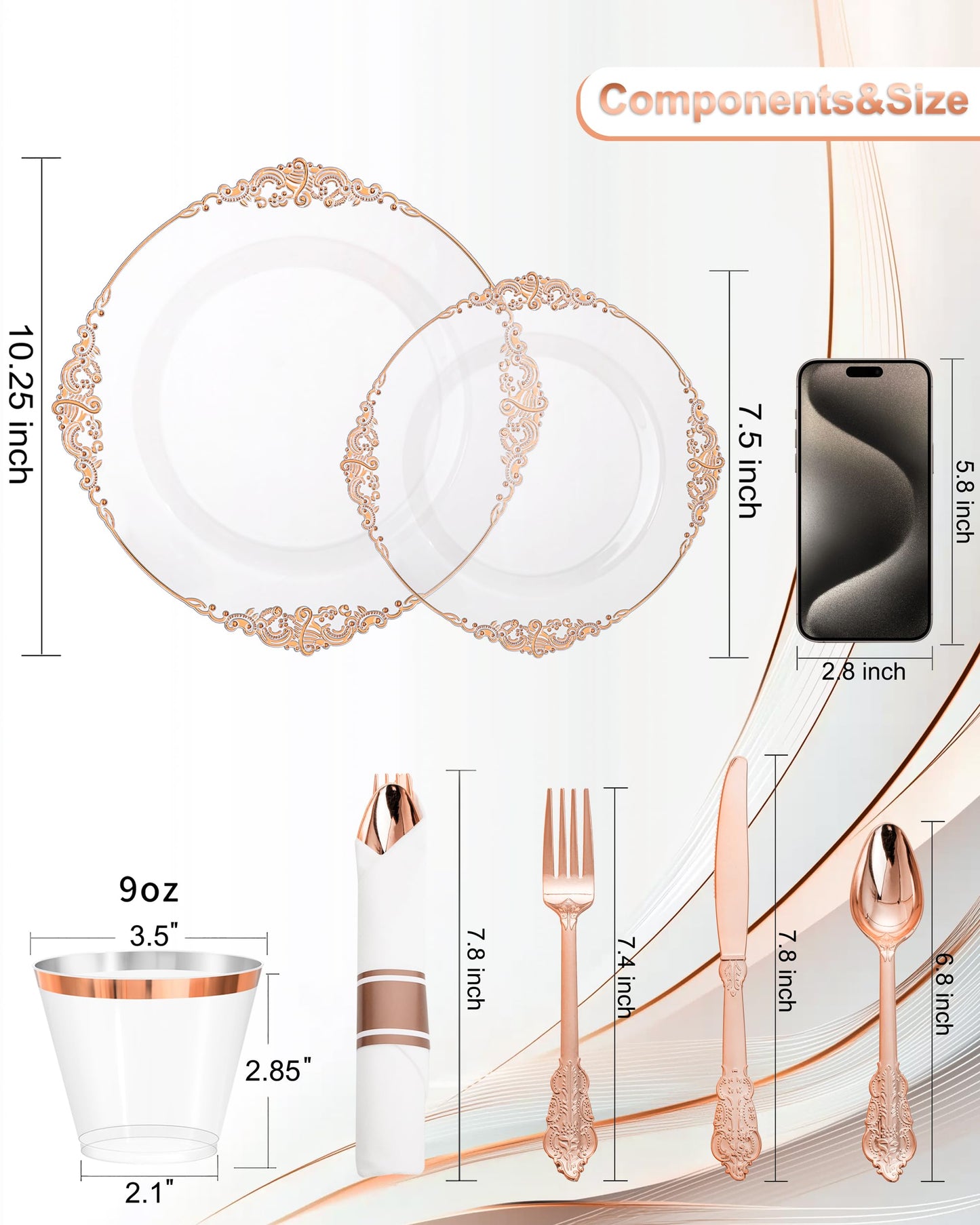Nervure 175PCS Rose Gold Plastic Plates - Disposable Rose Gold Party Plates & Pre Rolled Napkins with Cutlery for 25 Guests, 50Plates, 75Silverware, 25Cups, 25Napkin for Wedding & Party & Mothers Day