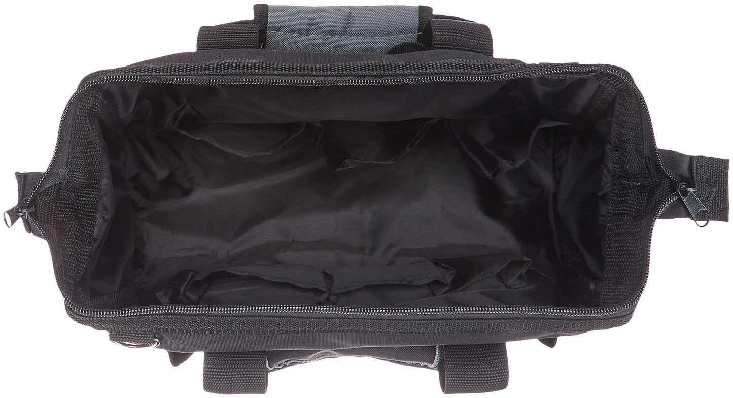 Amazon Basics Durable Wear-Resistant Tool Storage Bag with Adjustable Shoulder Strap, Portable Tool Organizer, 16 Pockets, 12 in, Black & Gray