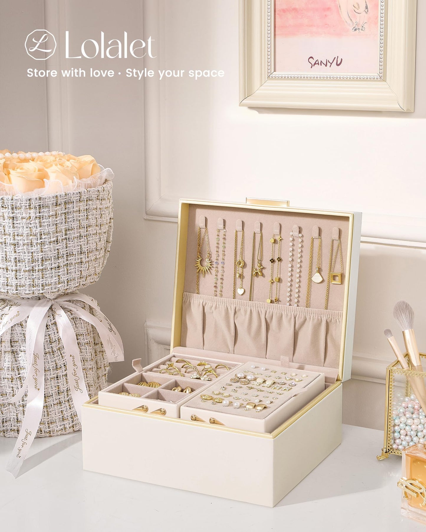 Lolalet Jewelry Box Organizer for Women Girls, 2 Layer Jewelry Organizers and Storage for Necklace Earrings Rings Bracelets, Large Jewellery Holder Case Birthday Valentine Gifts -Cream