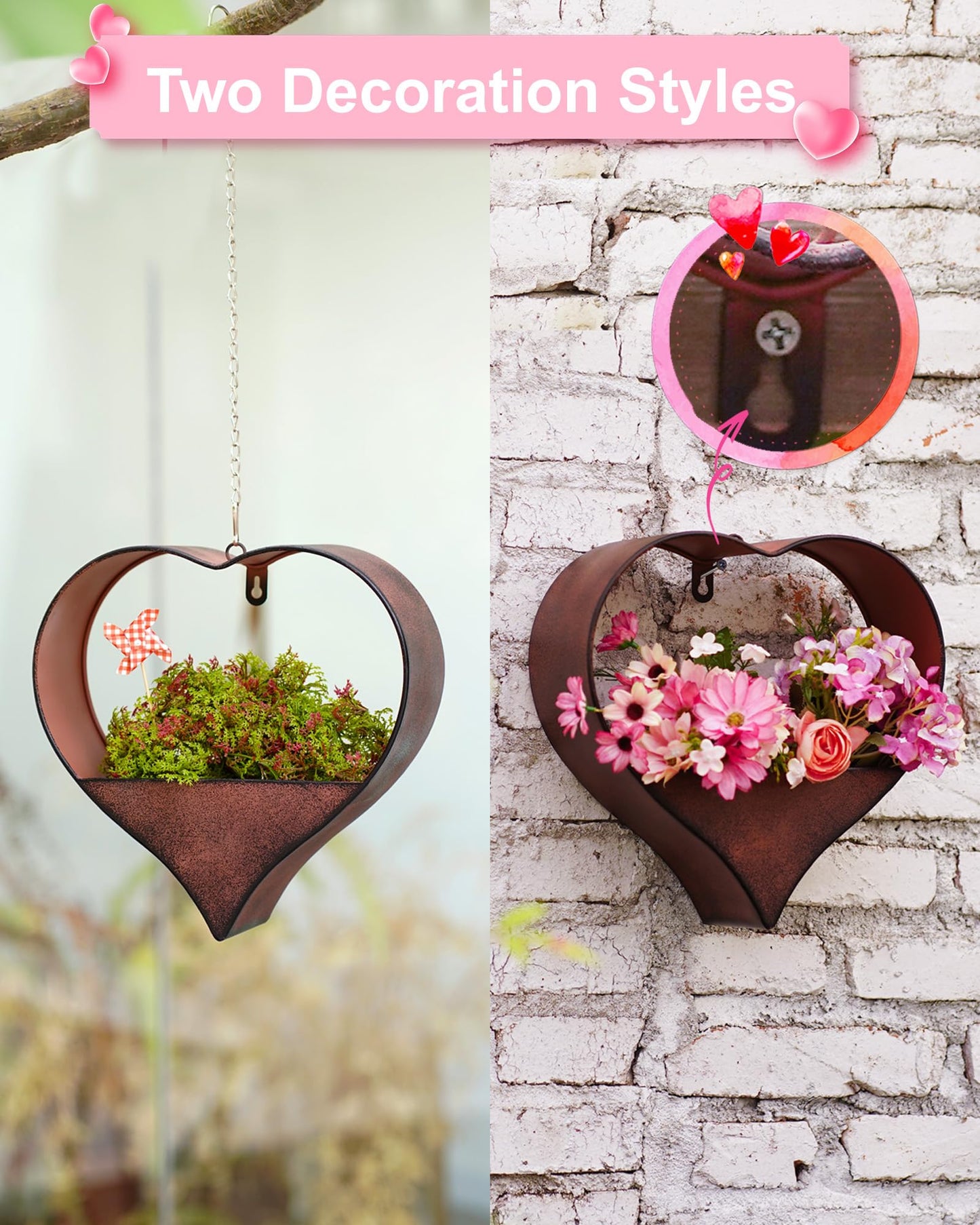 Philodwell Metal Plant Hangers Indoor and Outdoor: Easter Gifts for Mom Women Her Wife Garden Lovers Birthday - Heart Shape Hanging Planters for Window Wall Living Room Office Decor(Rustic)