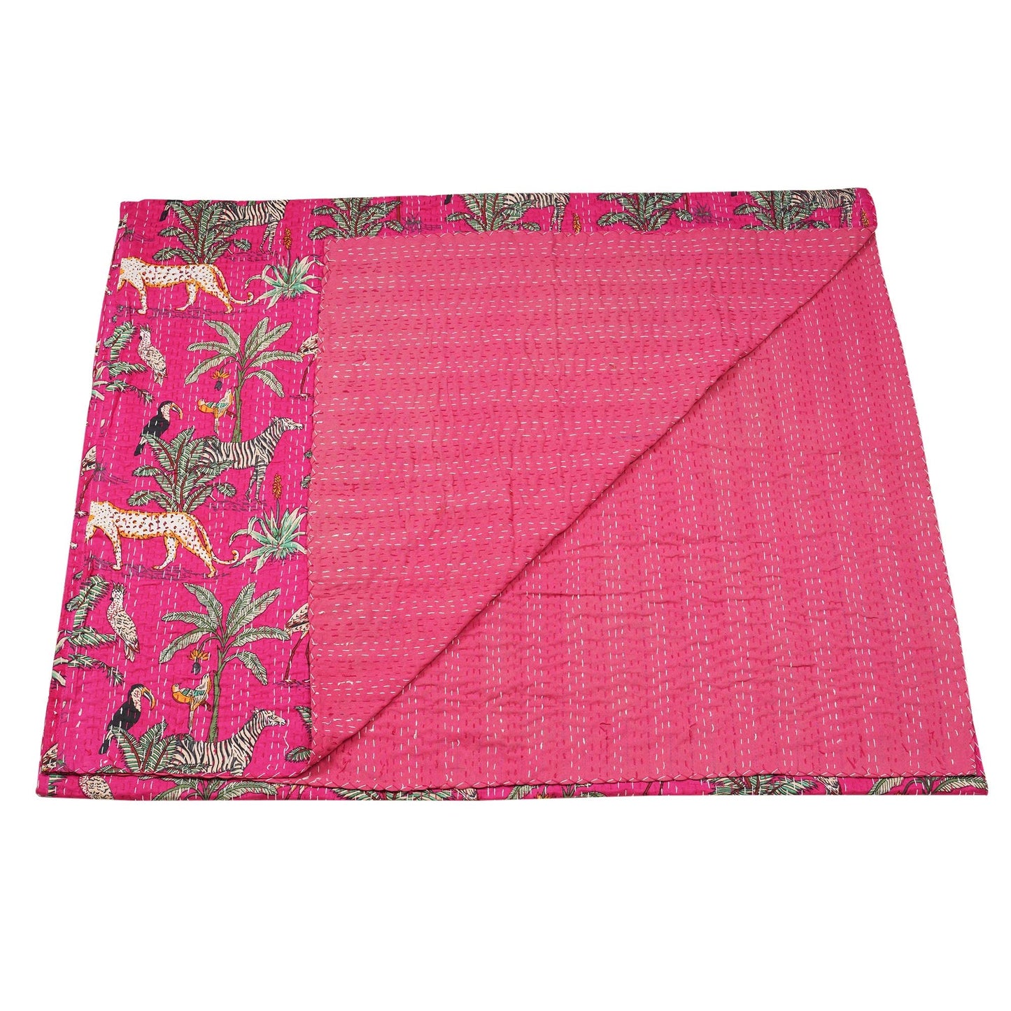 Marubhumi Quilts Indian Handmade Indian Traditional Blankets, Reversible, Jungle Print Vintage Kantha Quilt, Comforter, Hot Pink - Queen 90 x 108 Inches