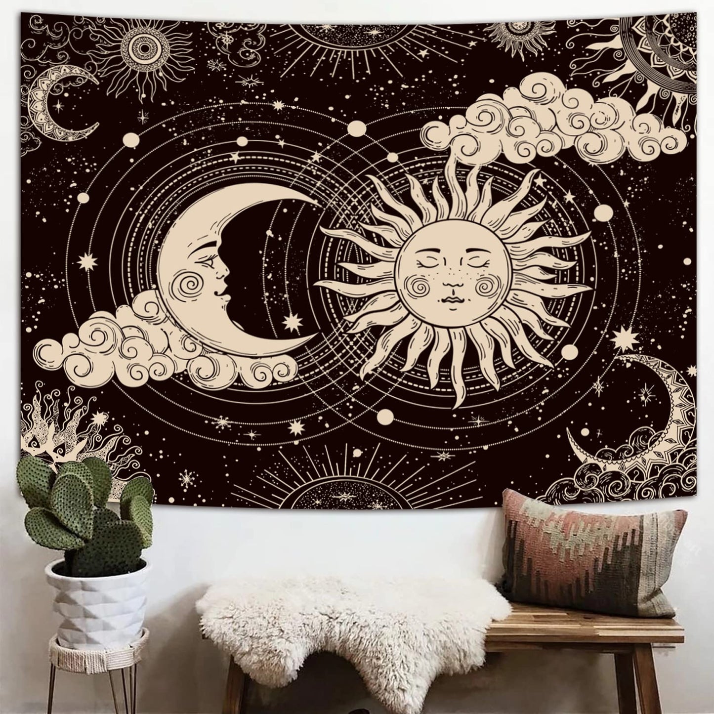 Wonrizon Sun and Moon Tapestry, Aesthetic Black Dark Spiritual Tapestries Mystic Burning Sun with Clouds Star Wall Hanging decor for Bedroom (30"x40")
