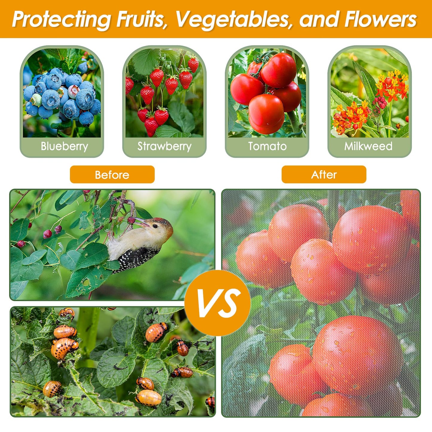 4 Pack Insect Bird Barrier Mesh - Blueberry Bush Netting Cover Insect Bird Netting Tomato Protective Cover with Drawstring Garden Mesh Netting for Vegetables, Fruits, Trees, 3.3Ft x 4.92Ft