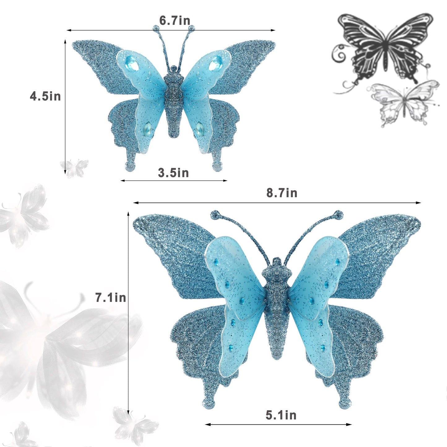 3D Glitter Christmas Butterfly Ornaments, 6 Pack Hanging Butterfly with Clip for Christmas Tree Decoration, Indoor Christmas Decoration (6, Blue &Diamonds)