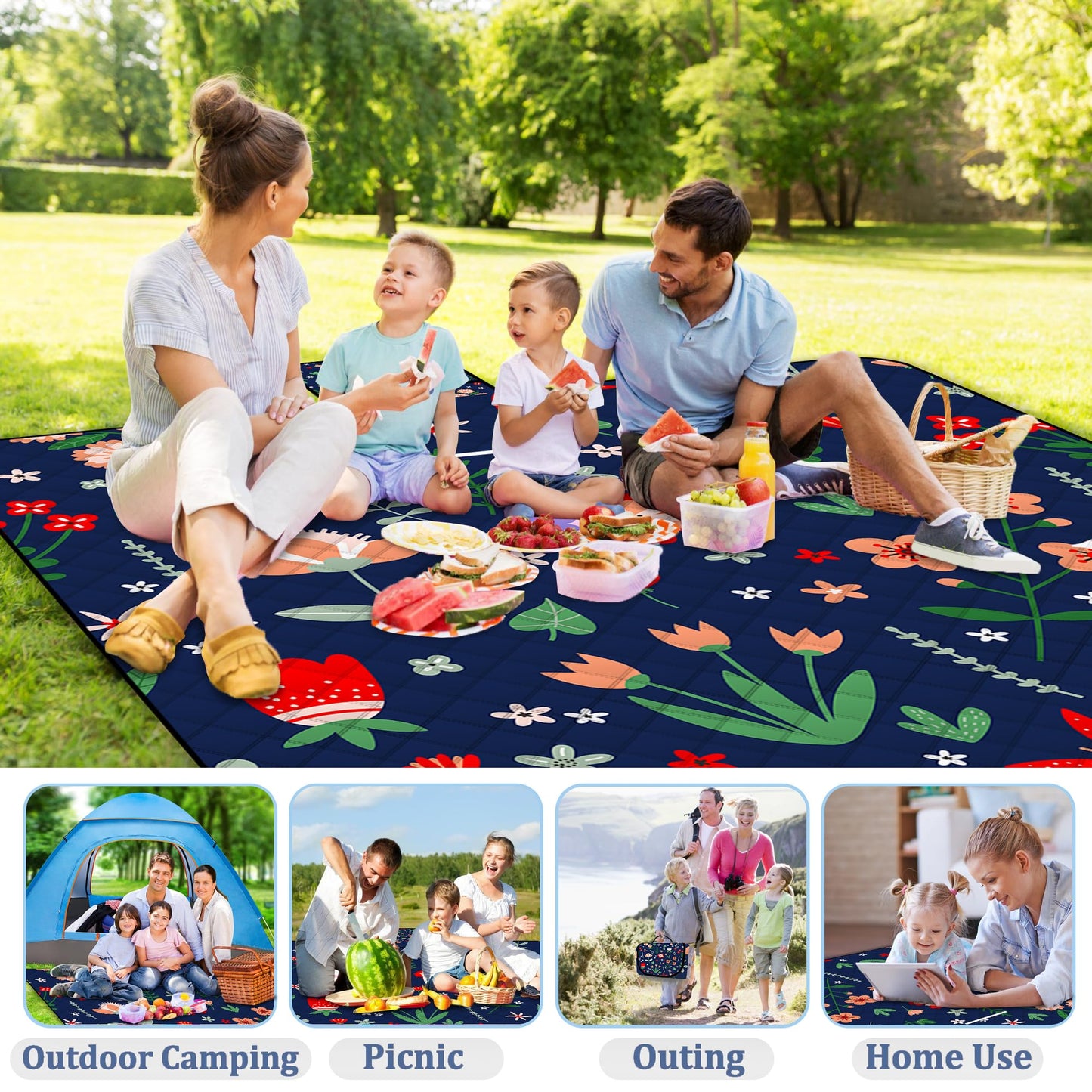 Extra Large Picnic Blanket Waterproof,80"x 80"Foldable Machine Washable Beach Blanket,Outdoor Blanket for 6-8 Adults,Suitable for Indoor Crawling,Park Beach,Camping,Hiking,Family Travel(Light Blue)