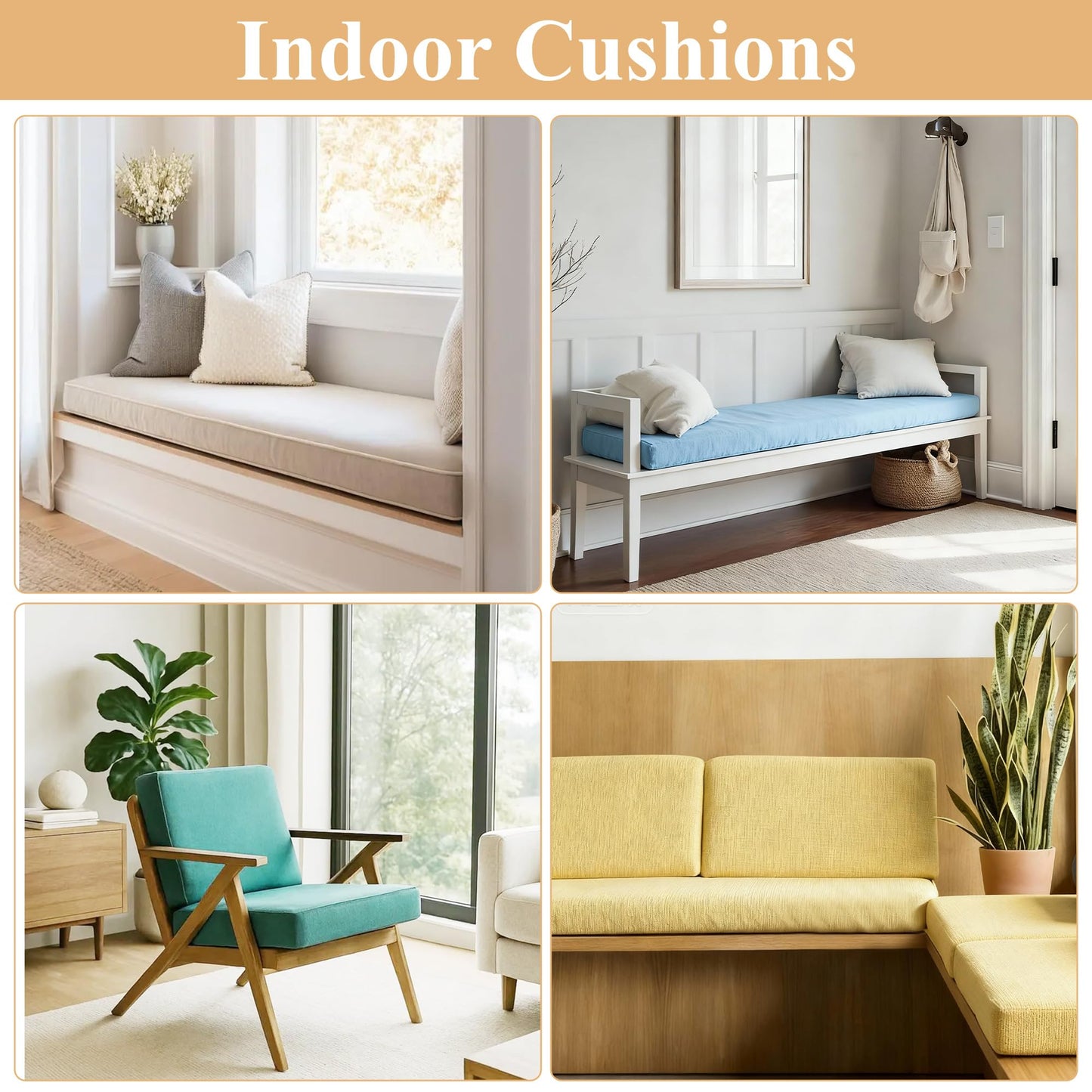 Waterproof Custom Size Bench Cushions for Indoor Outdoor Furniture, Bay Window Seat Cushions Indoor, Custom Cushions for Breakfast/Reading Bench Nook/Dining Entryway Mudroom Bench, Anti-Slip/Scratch