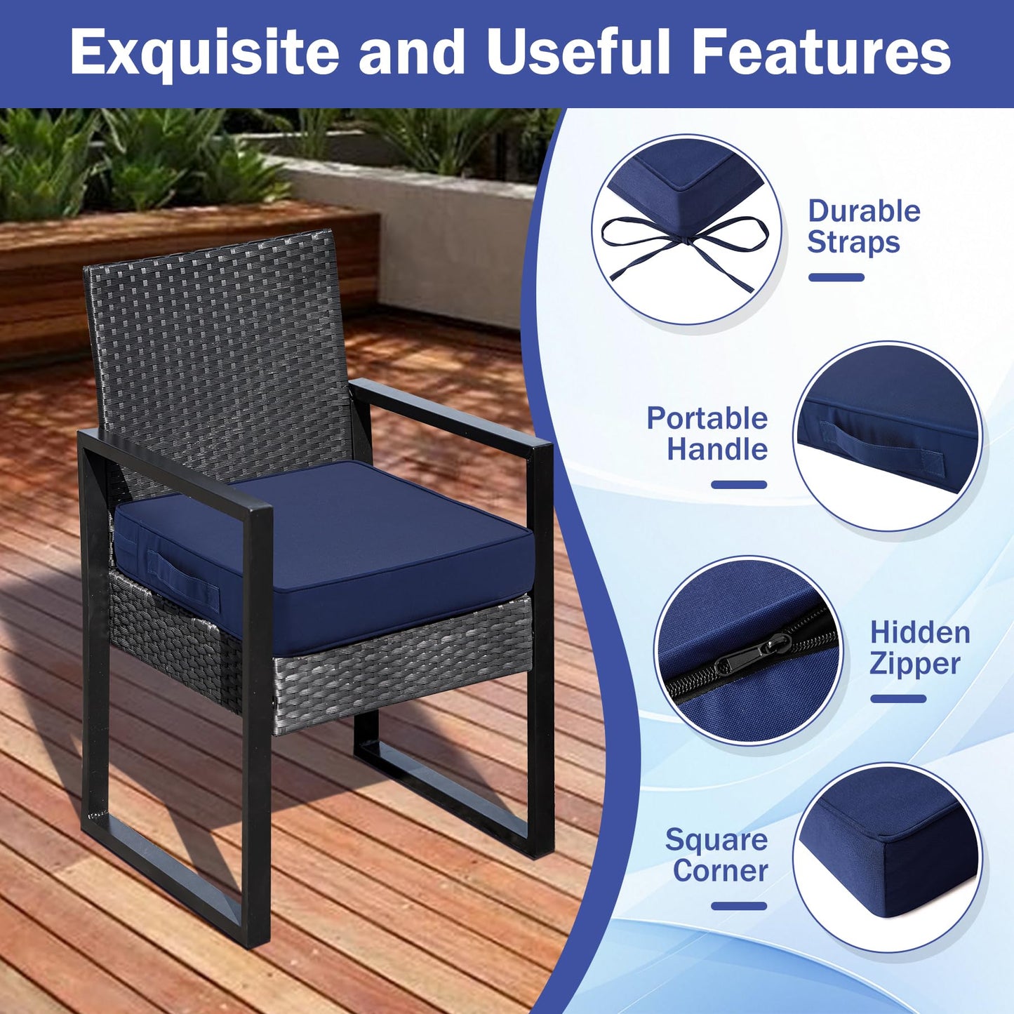 IASEAHK Patio Chair Cushions, 19" x 19" x 3" Outdoor Chair Cushions Set of 4, Waterproof Outdoor Cushions for Patio Furniture, Outdoors Seat Cushions Set of 4 with Handle and Ties, Navy Blue