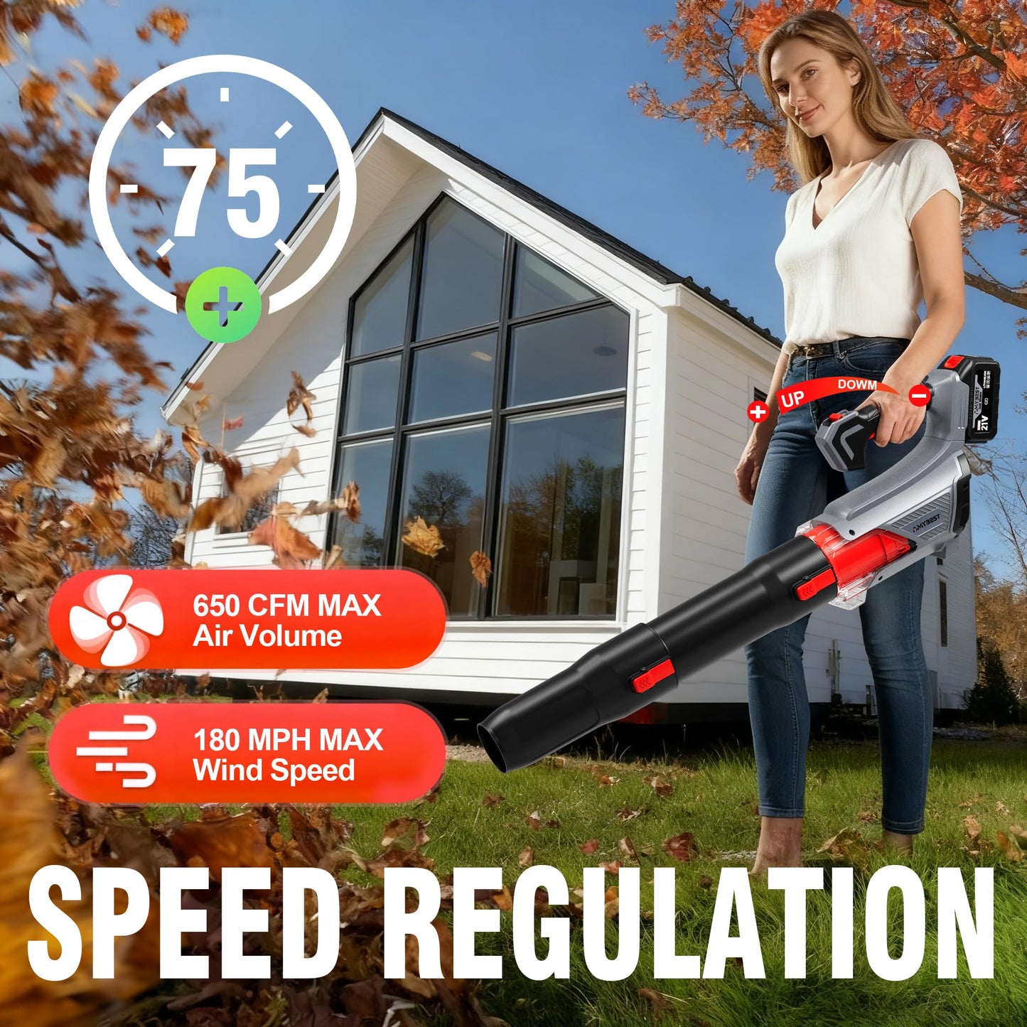 AMYBEST Leaf Blower Cordless, 21V Lightweight Electric Blower with 2 x 4.0Ah Batteries & Fast Charger, Variable Speed for Patio Cleaning, Lawn Care, Blowing Fallen Leaves and Dust (Gray)