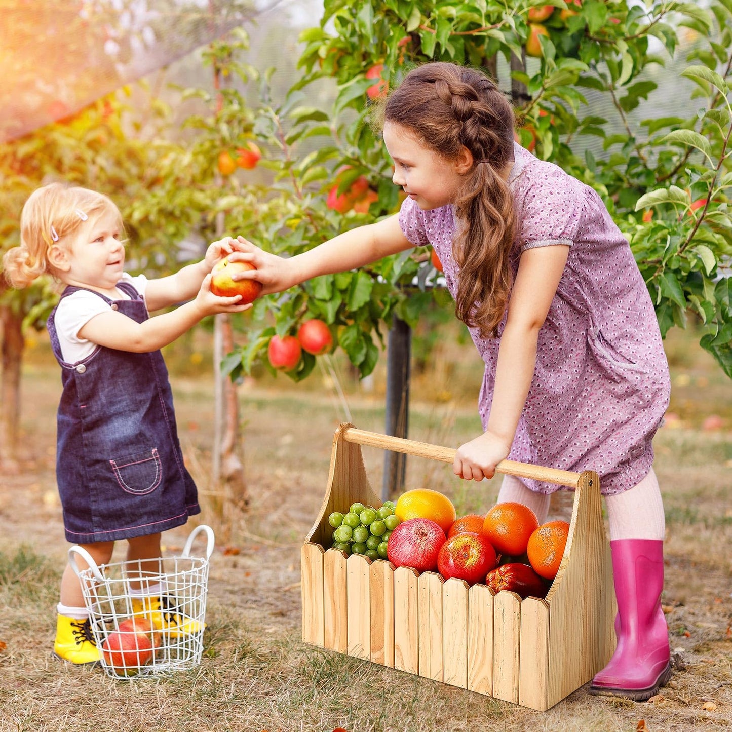 Remerry 16 Inch Garden Harvest Basket Wooden Caddy with Handles Fruit Flower Gathering Basket Garden Hod Storage Box with Wood Slats for Harvesting Vegetables Gardeners Home Use Gifts