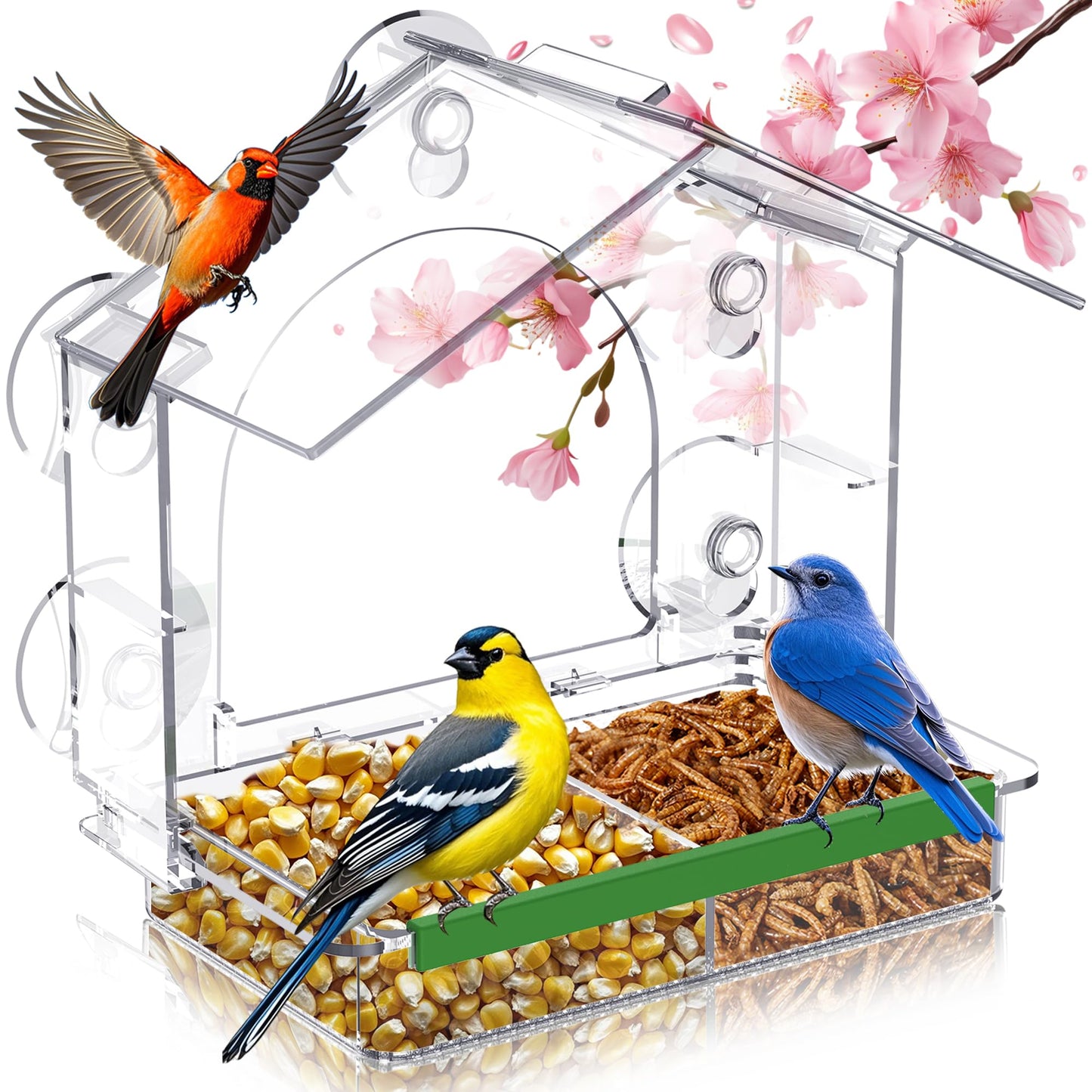 Window Bird Feeder with 5 Extra Strong Suction Cups, Clear Birdfeeders for Outdoors, Sturdy and Durable Bird House for Window Viewing Outside,Garden Decor Gifts for Bird Lover