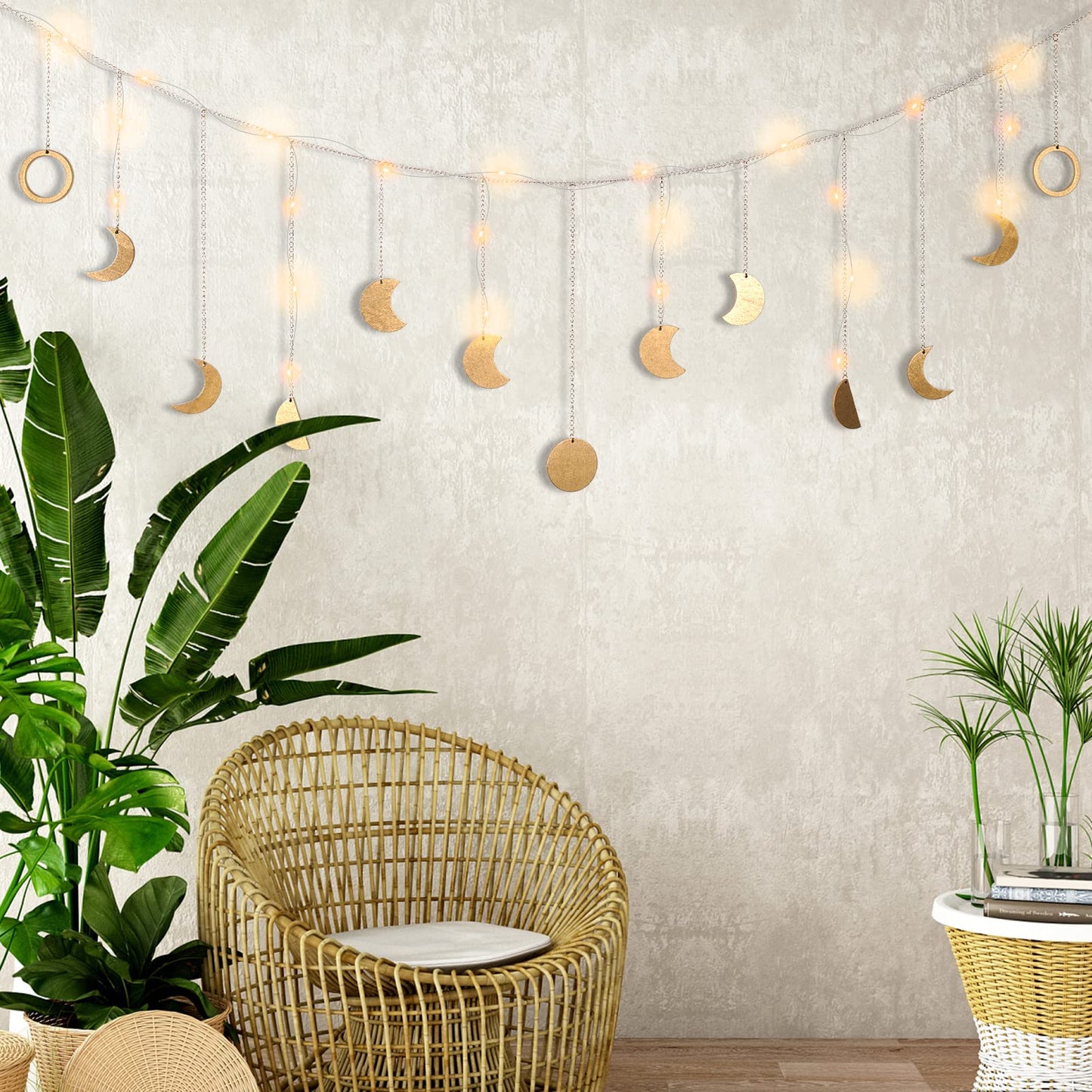 Brmeday Moon Phase Wall Decor with LED String Light, 13 Gold Wood Boho Wall Hanging Decor Mood Garland 56'' - Celestial Phases Moon Decoration in Bohemian Style for Bedroom Living Room, Gifts for Mom